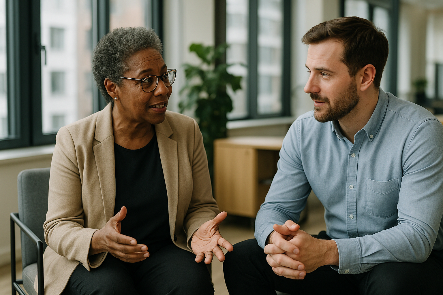 Two UK professionals discussing career next steps for Social media manager UK