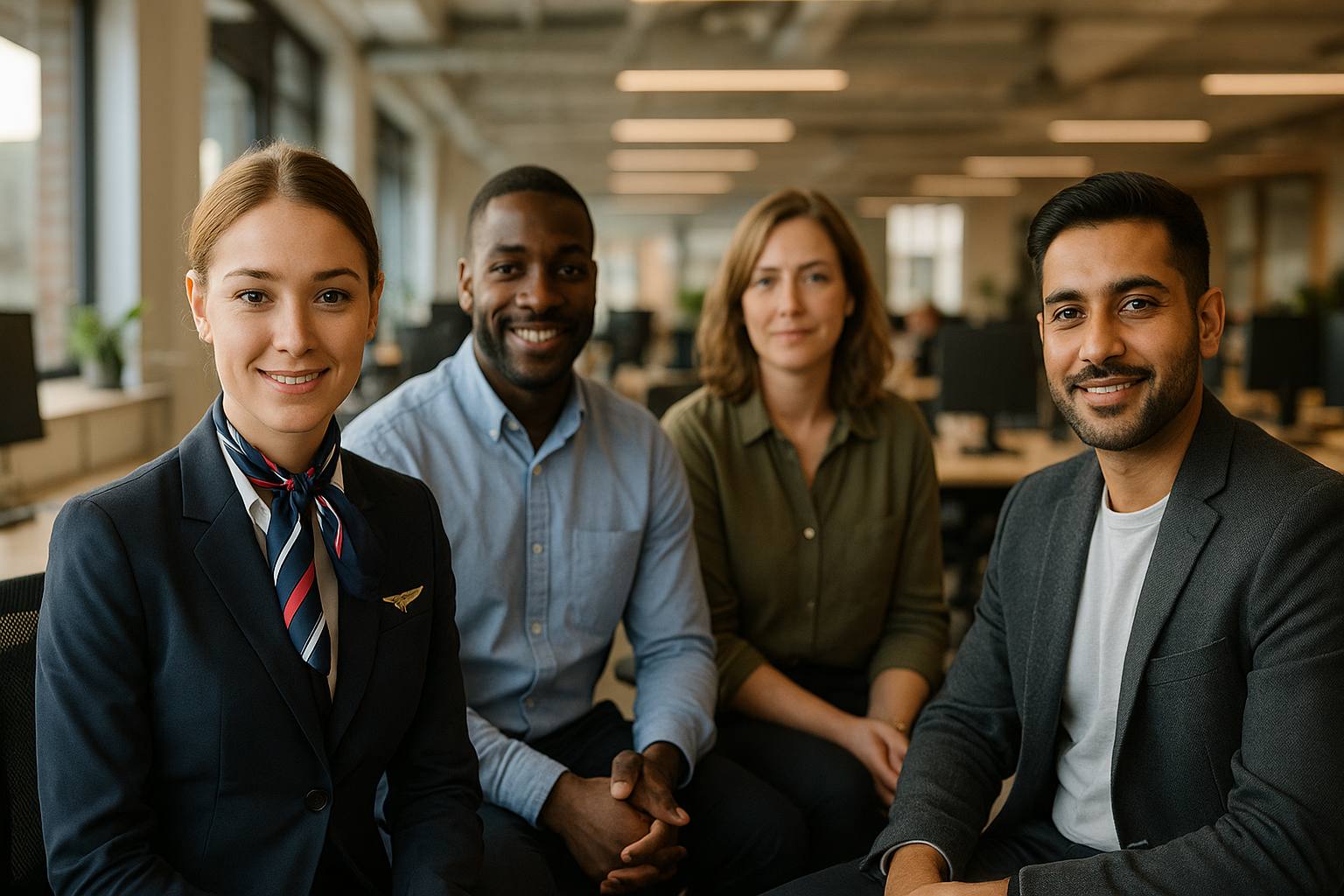 British professionals in a modern office discussing airline cabin crew UK