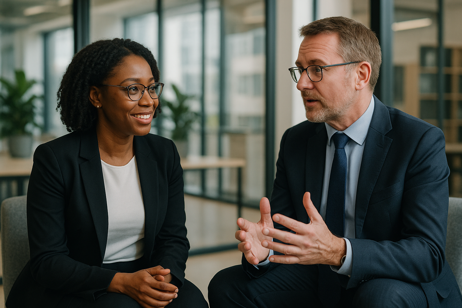 Two UK professionals discussing career next steps for airline cabin crew UK