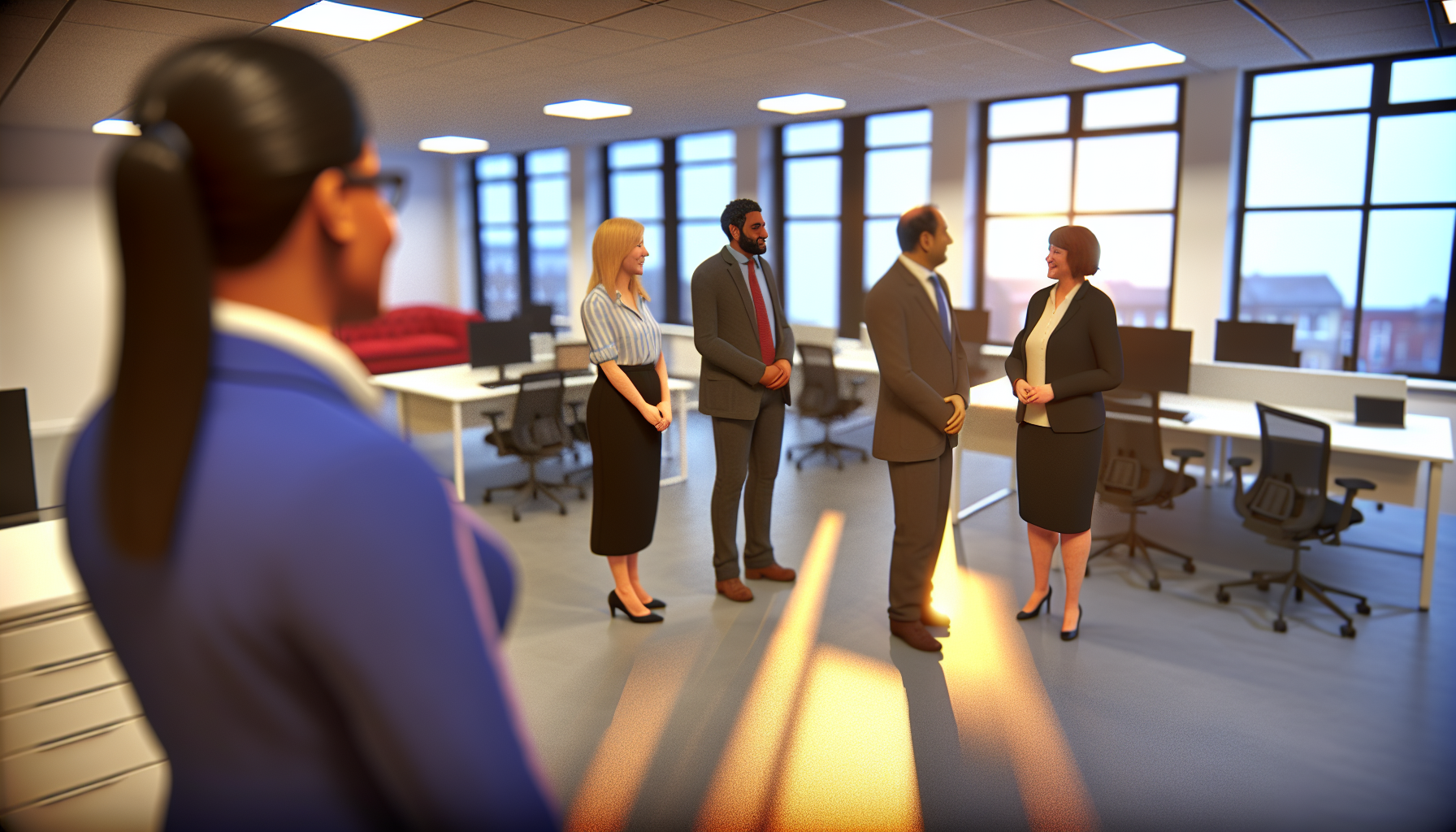 British professionals discussing career gaps in a modern office.
