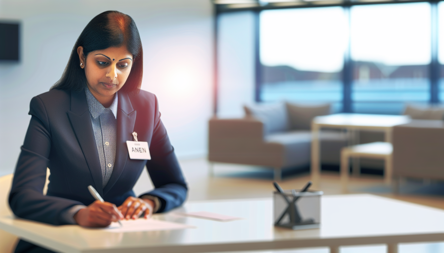 UK professional preparing for an interview at a desk.