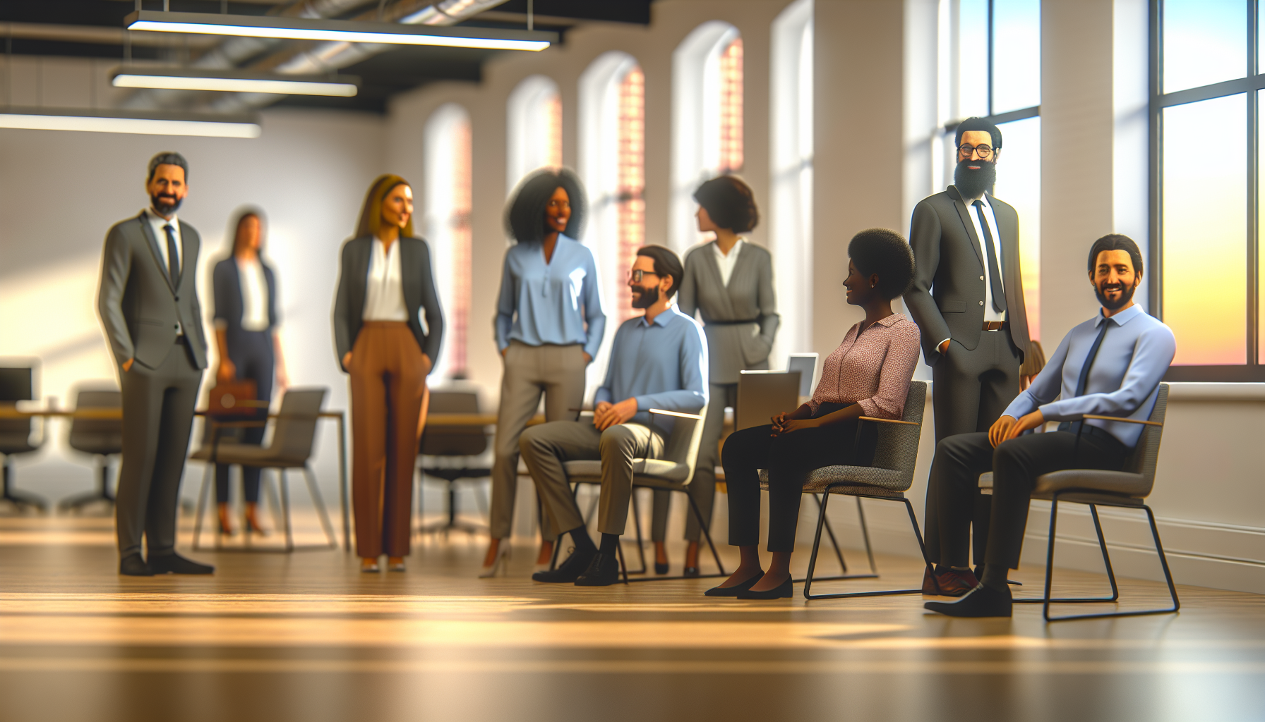 Diverse UK professionals working in a modern open-plan office.
