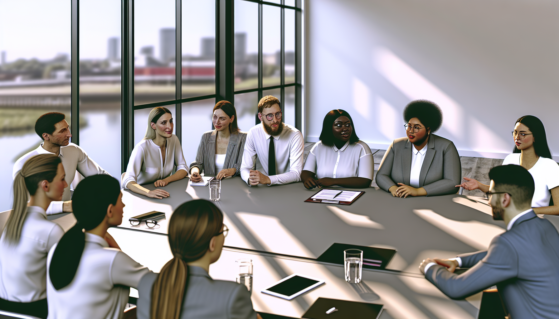 Team meeting in a UK office with diverse professionals sharing ideas.