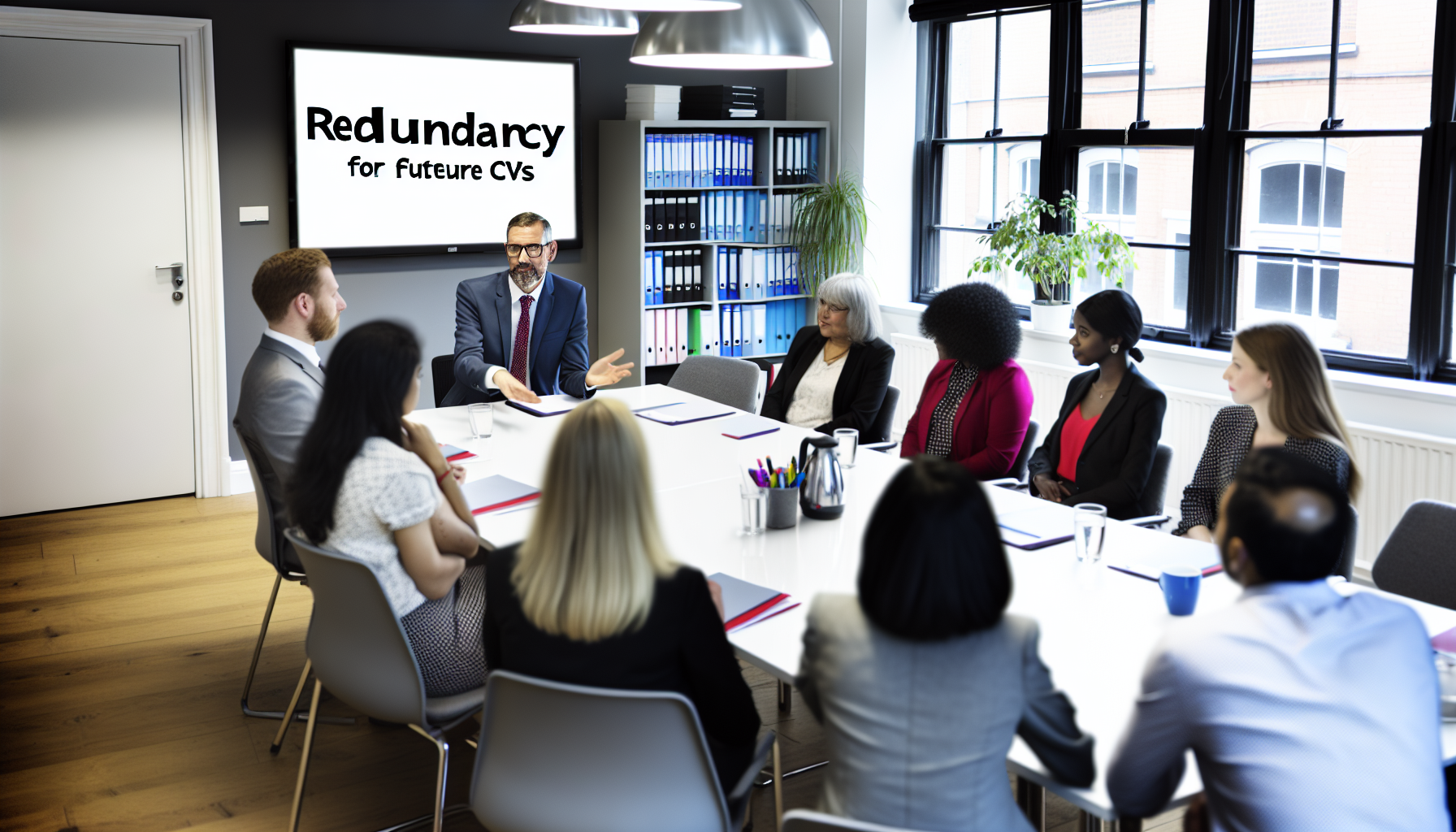 UK professionals having a team meeting in a modern office.