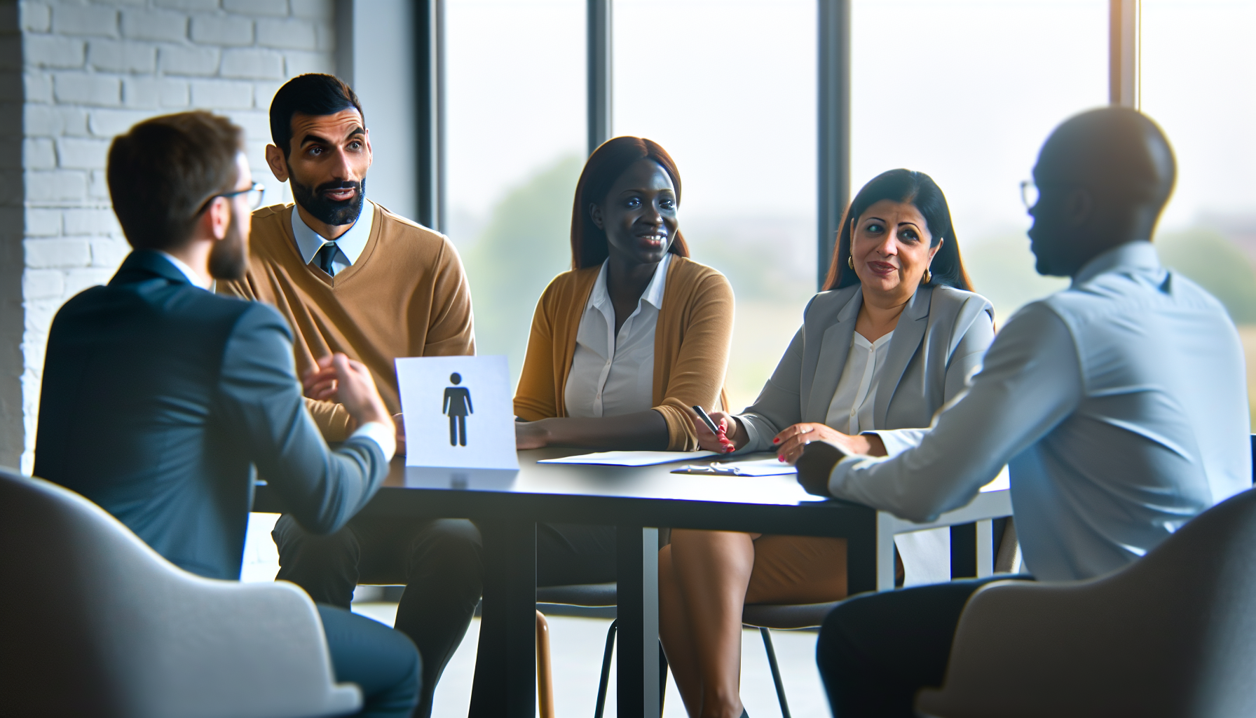 UK professionals collaborating in a bright office discussing career strategies.
