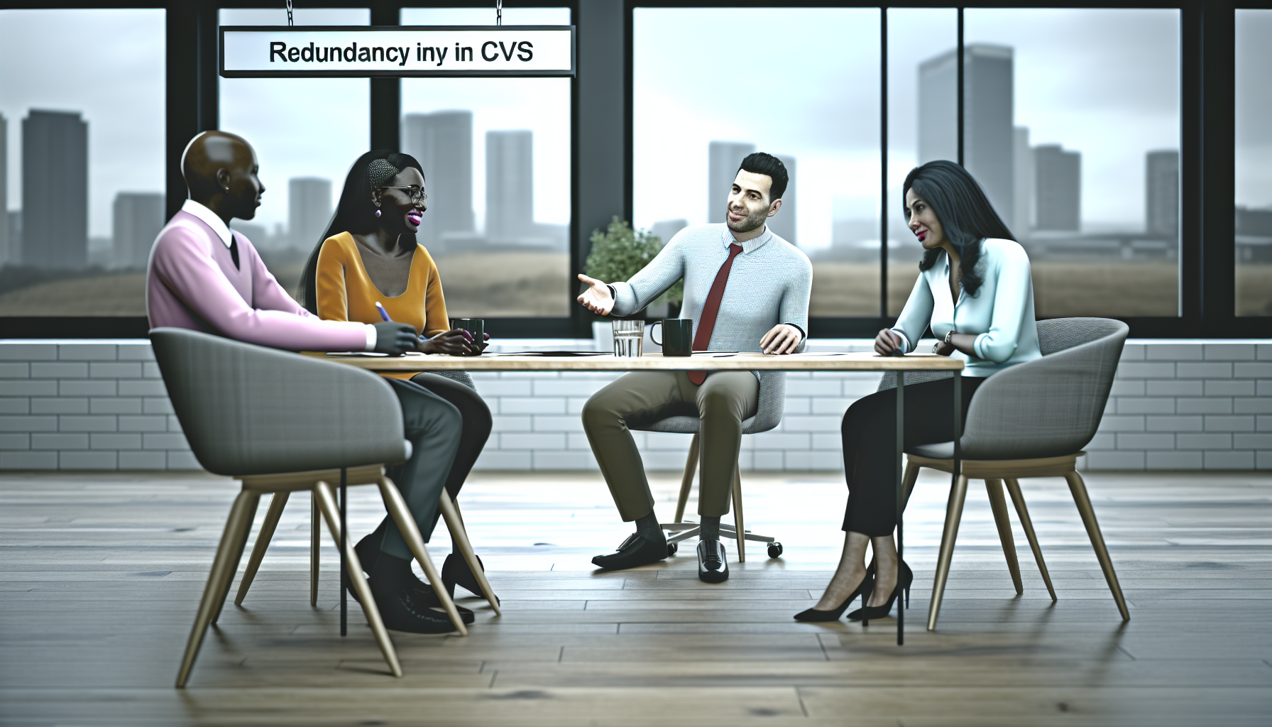 Diverse UK team in a collaborative discussion in an office.