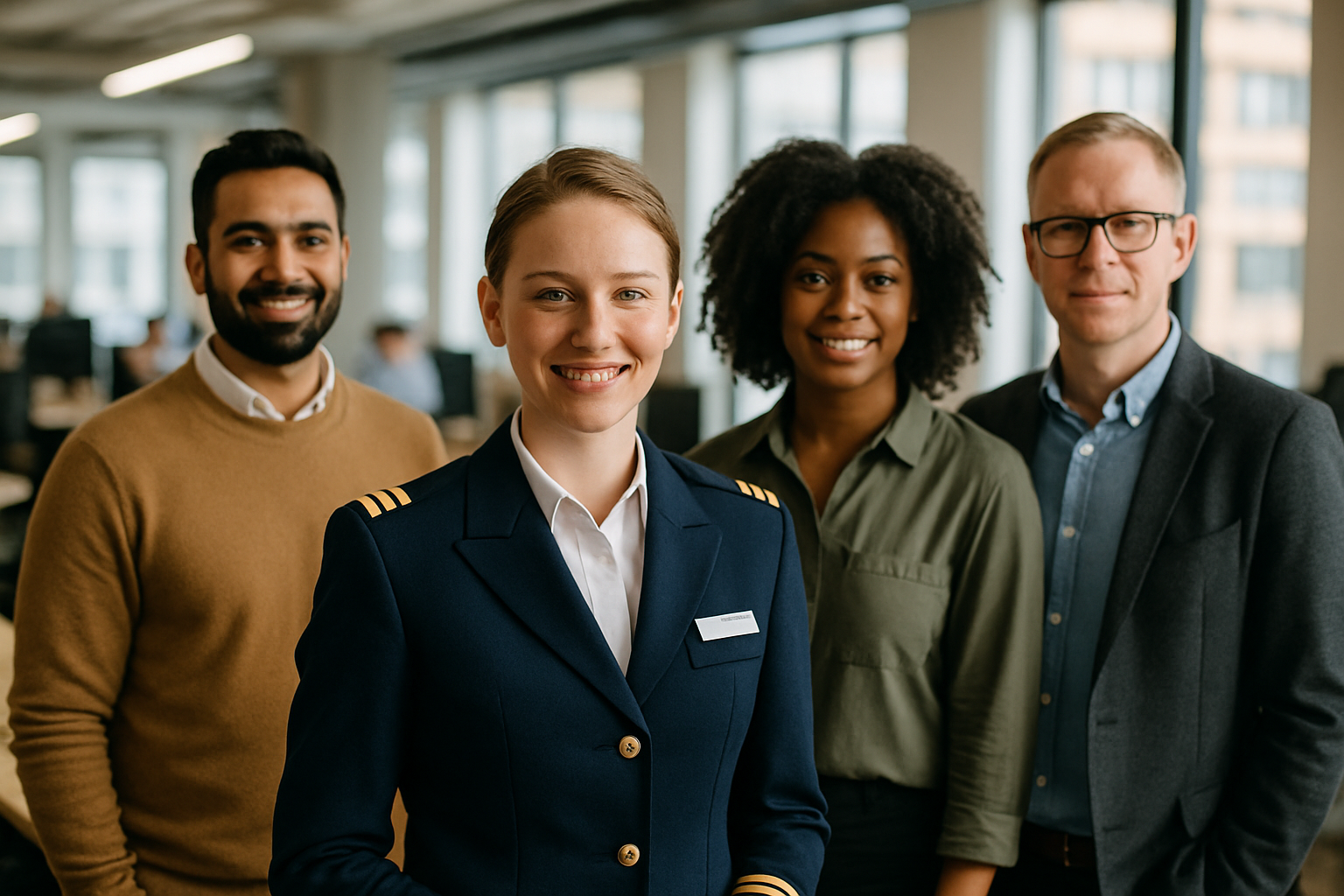 British professionals in a modern office discussing cruise ship staff UK