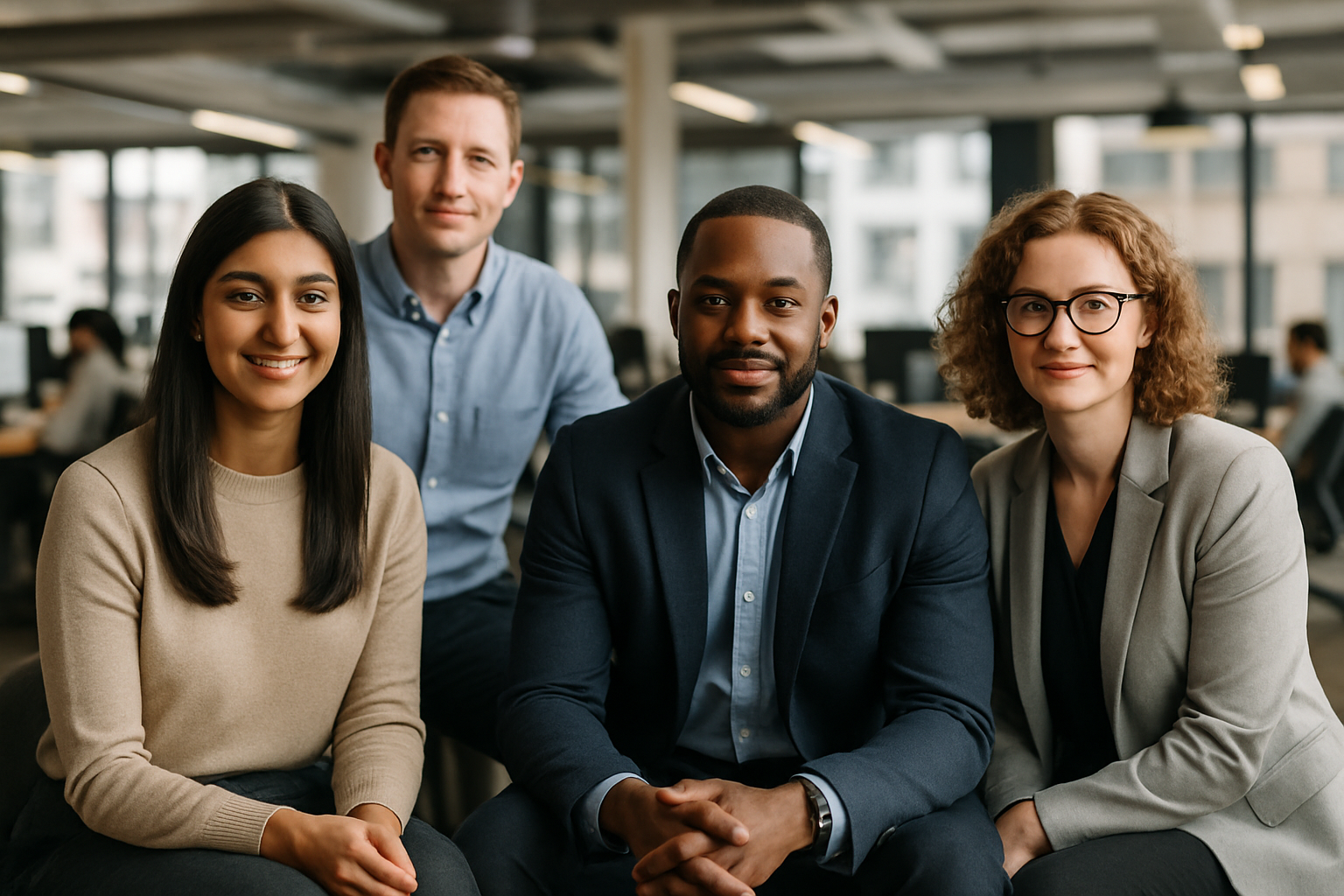 British professionals in a modern office discussing initiative UK