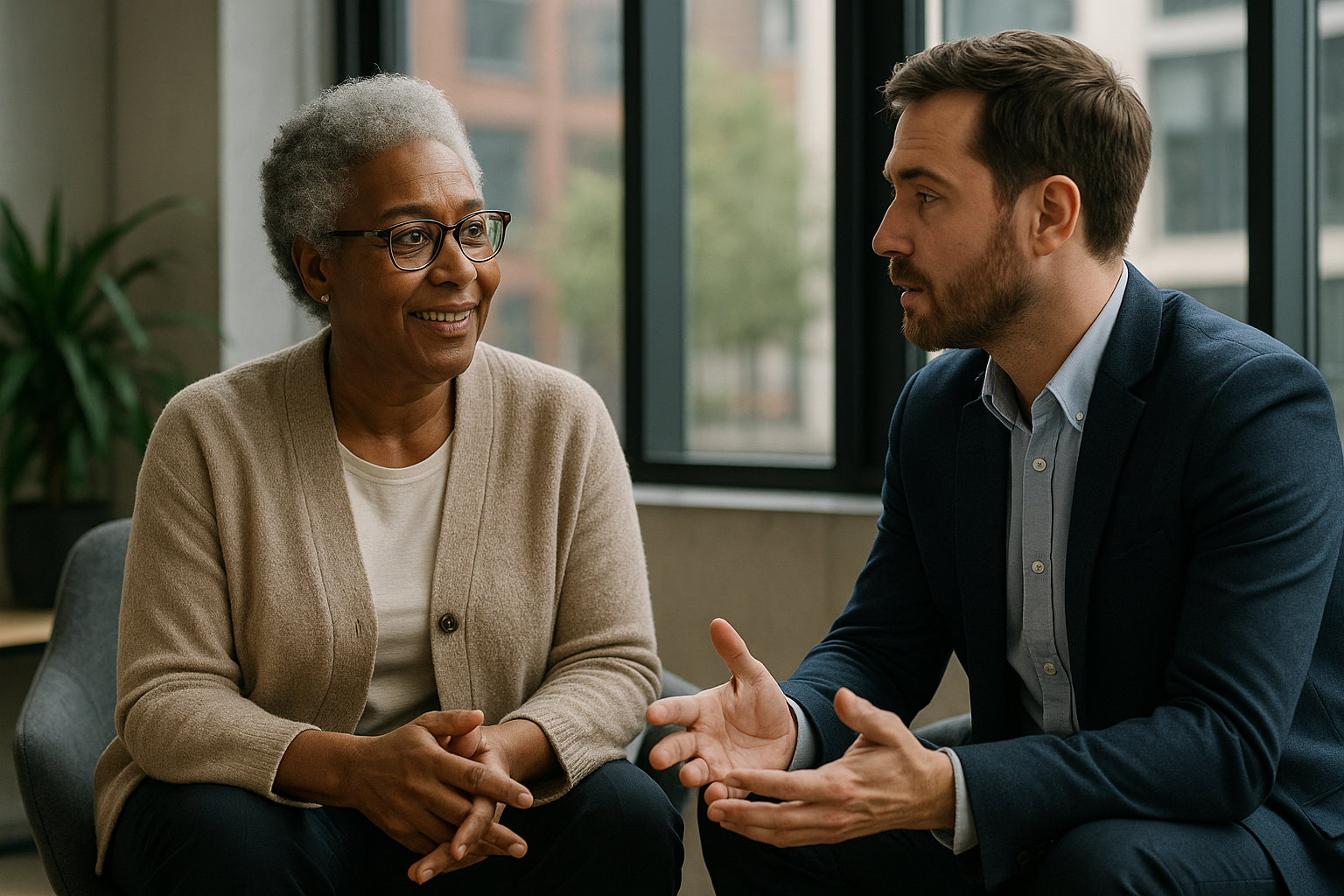 Two UK professionals discussing career next steps for initiative UK