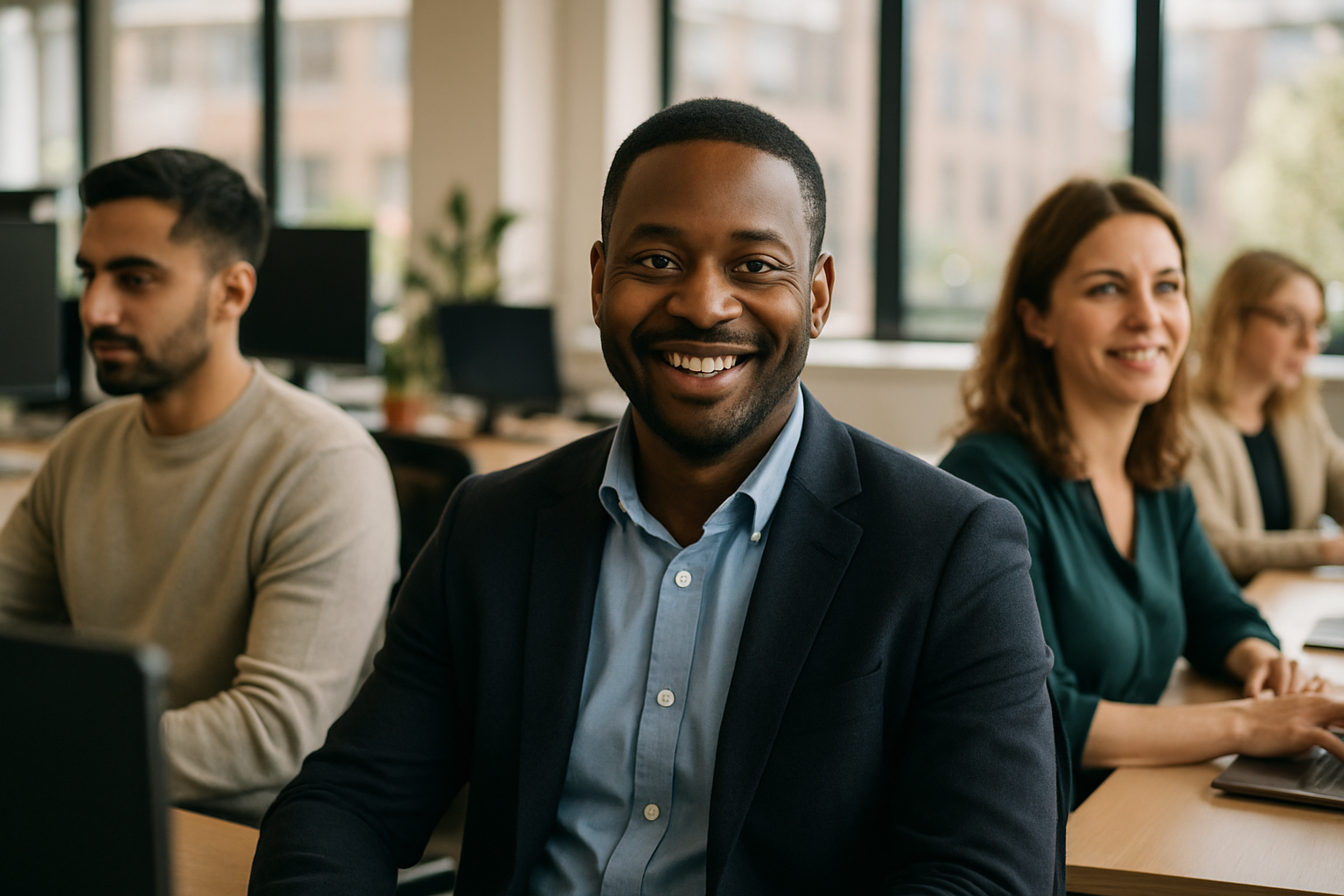 British professionals in a modern office discussing Business development manager UK
