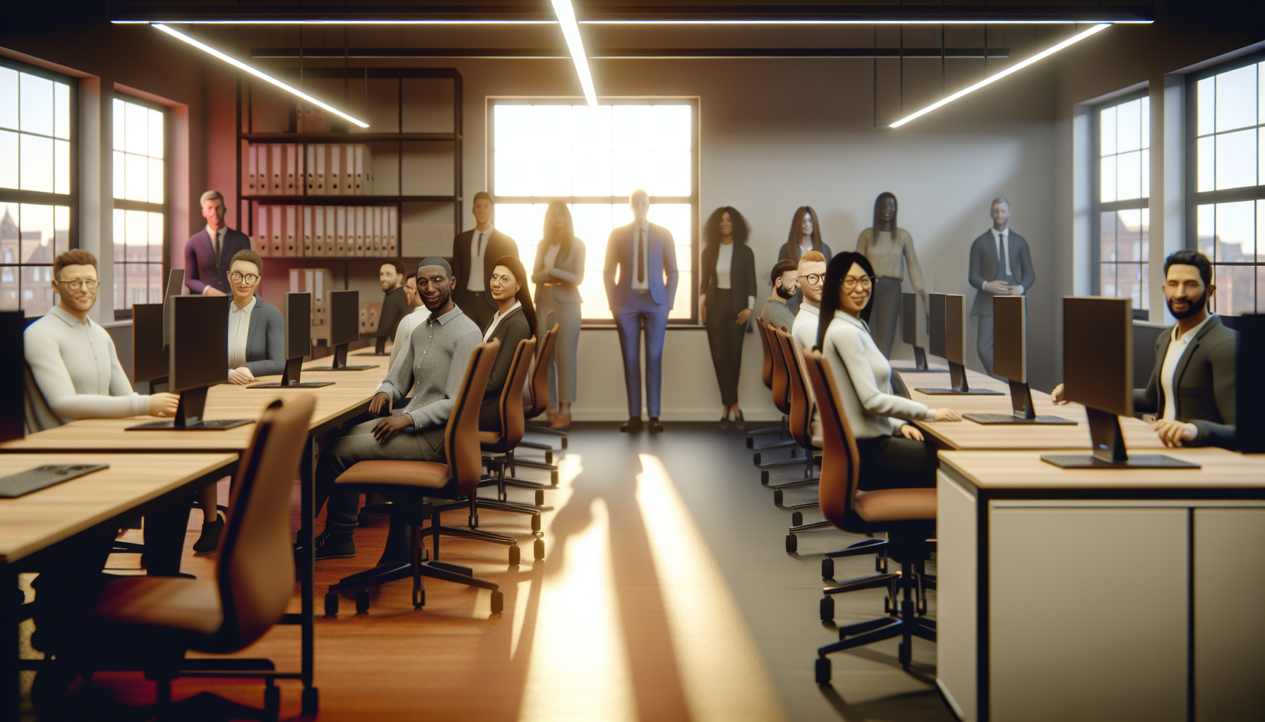 British professionals working in a modern open-plan office