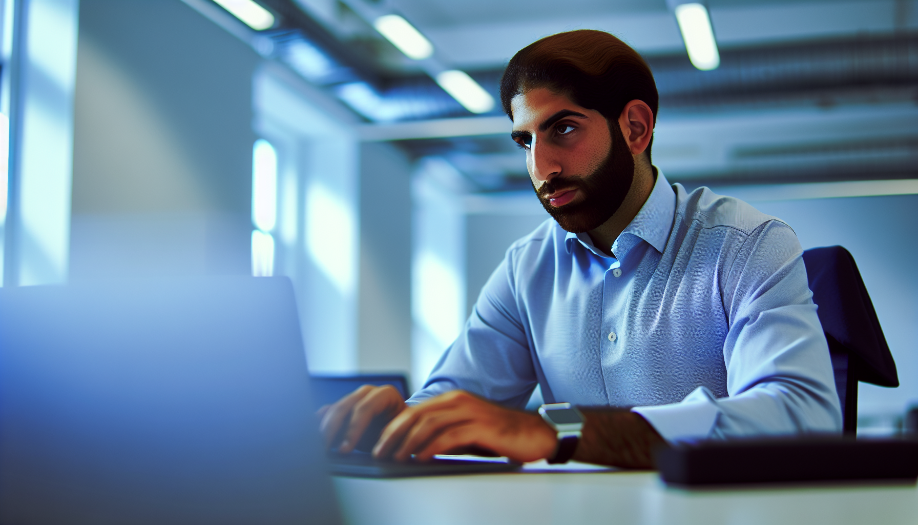 UK professional focused on work at a tidy desk