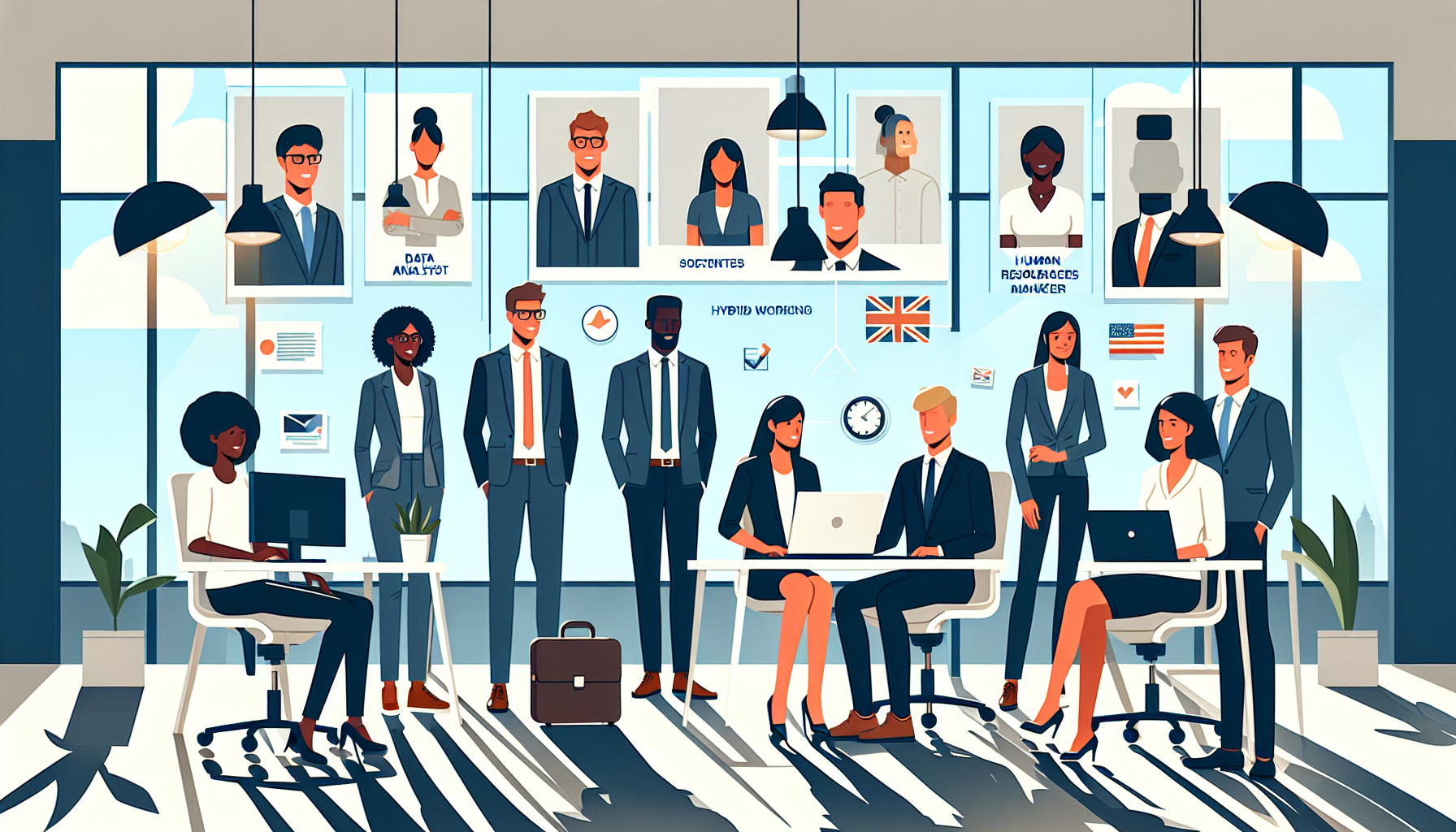 Illustration of diverse UK professionals in modern office