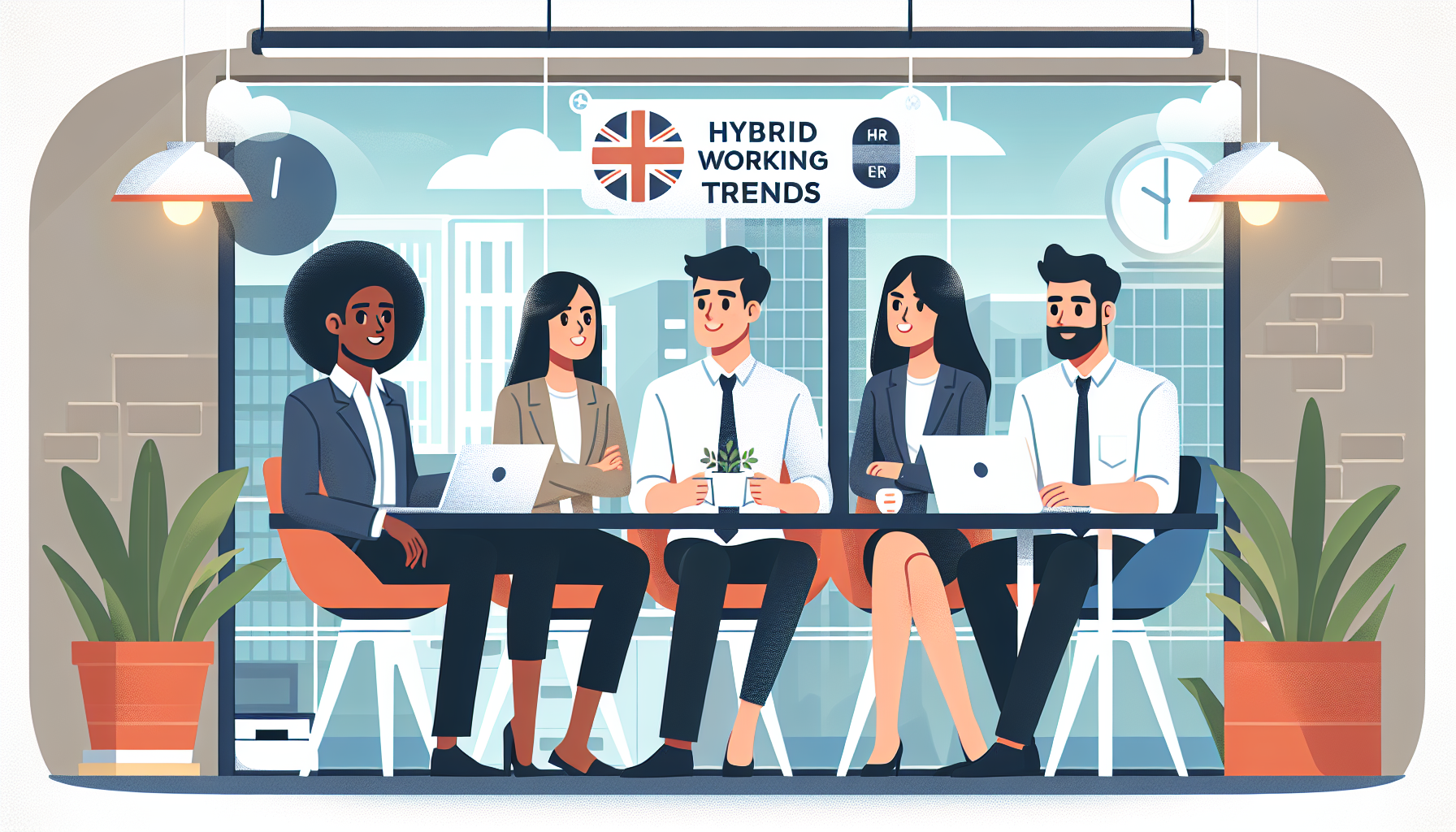 Group of UK professionals discussing hybrid work