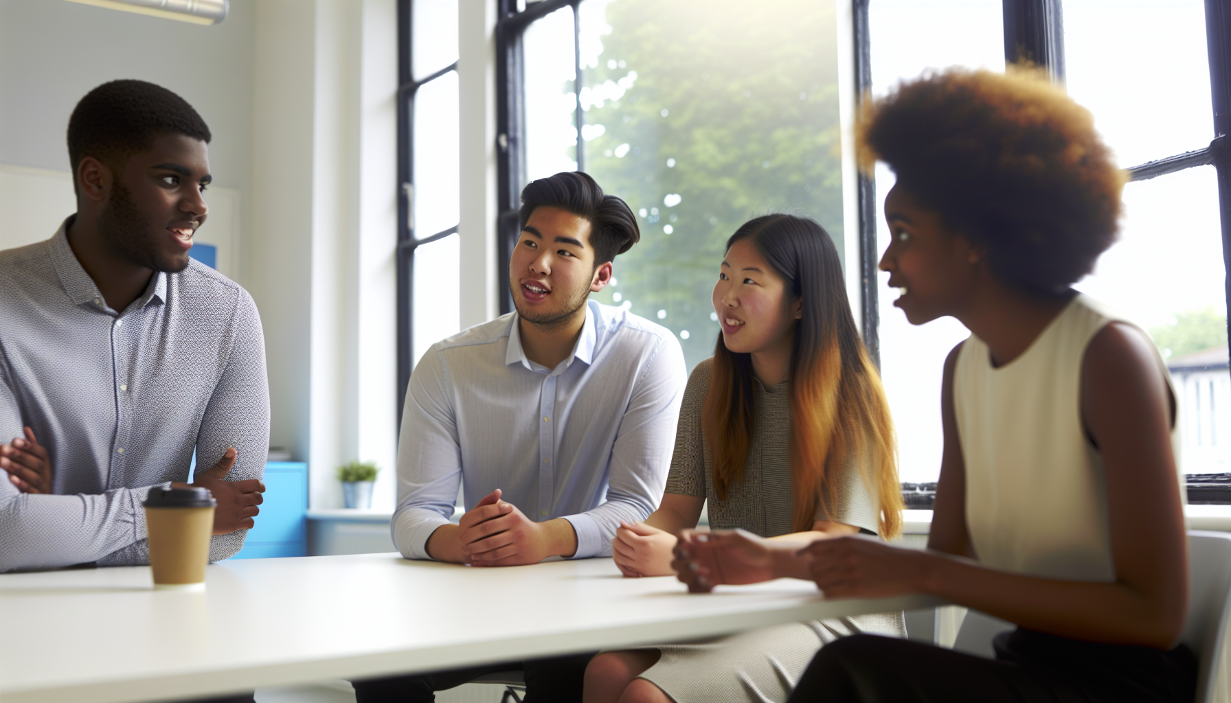 Collaborative discussion among UK professionals in an office