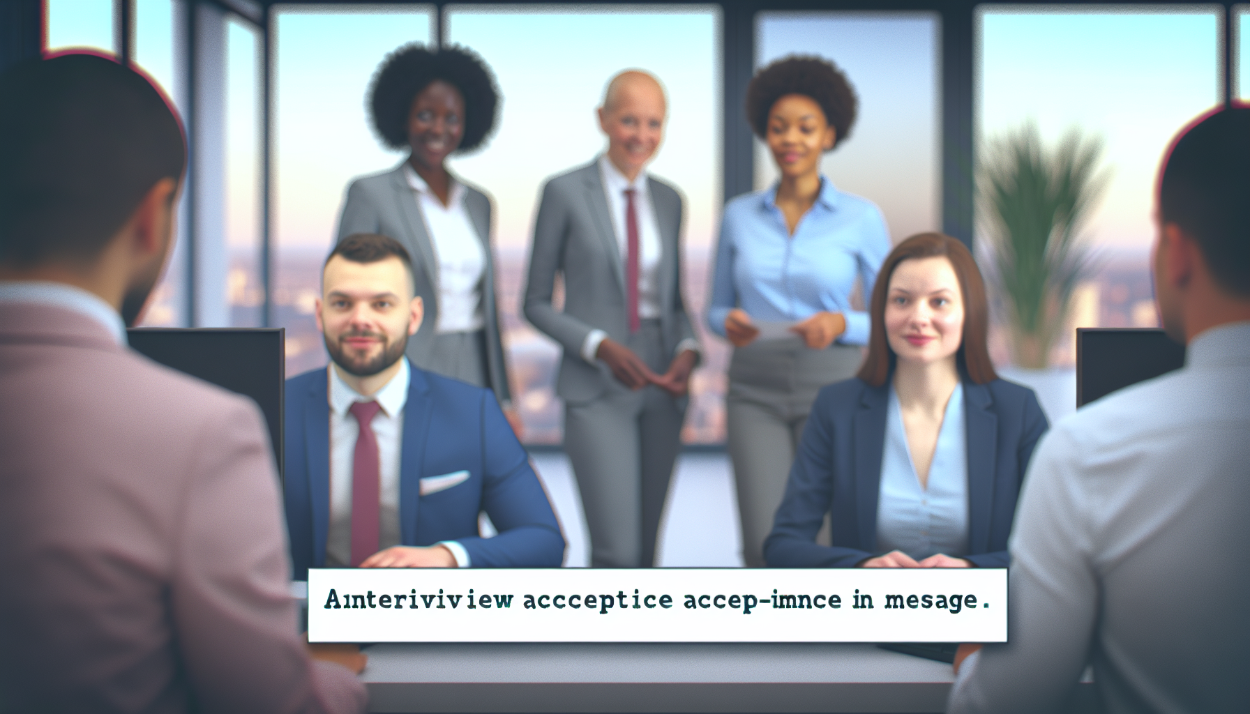 Professionals discussing interview acceptance in open-plan office