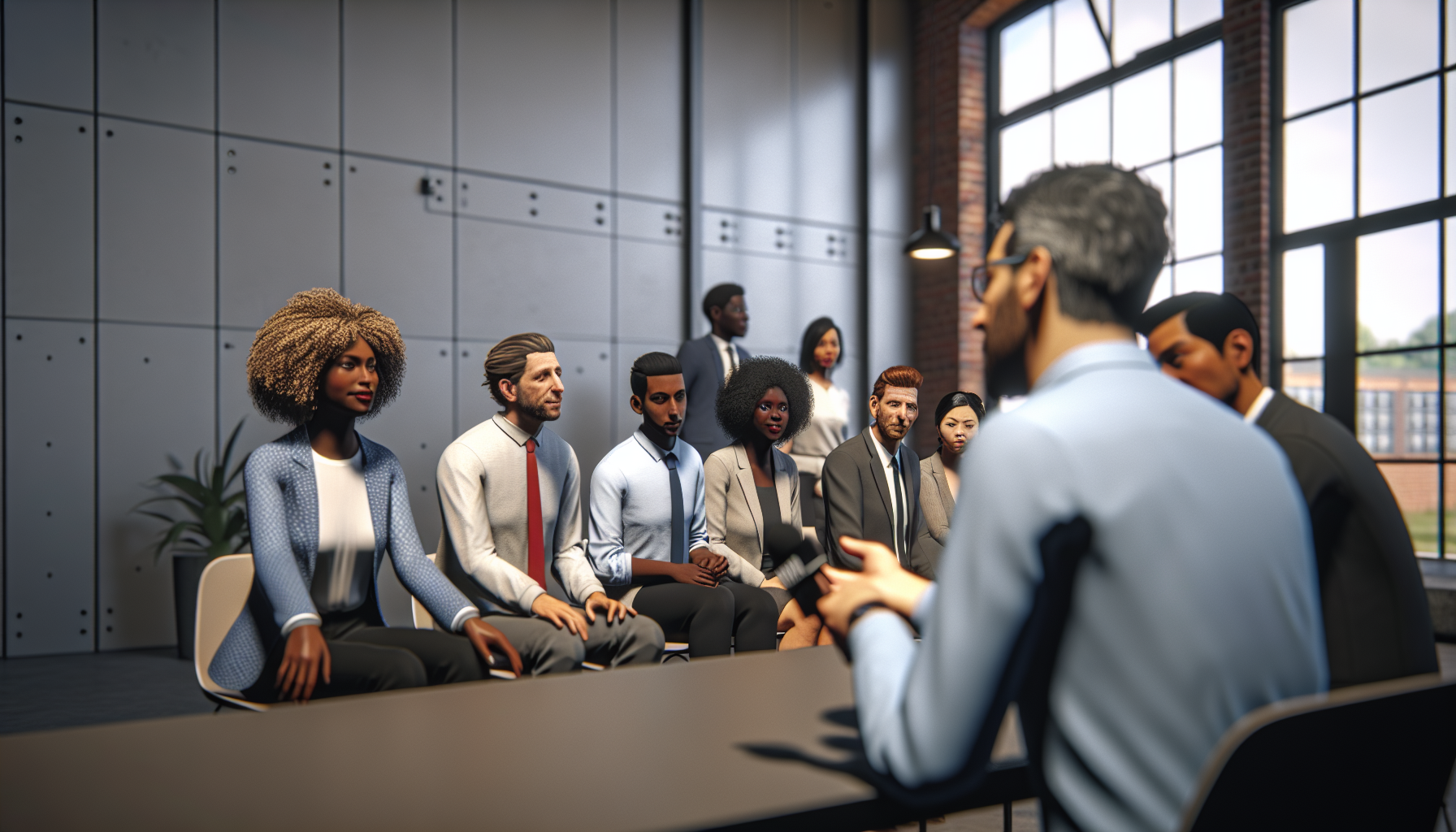 UK team in a candid meeting in a modern office.