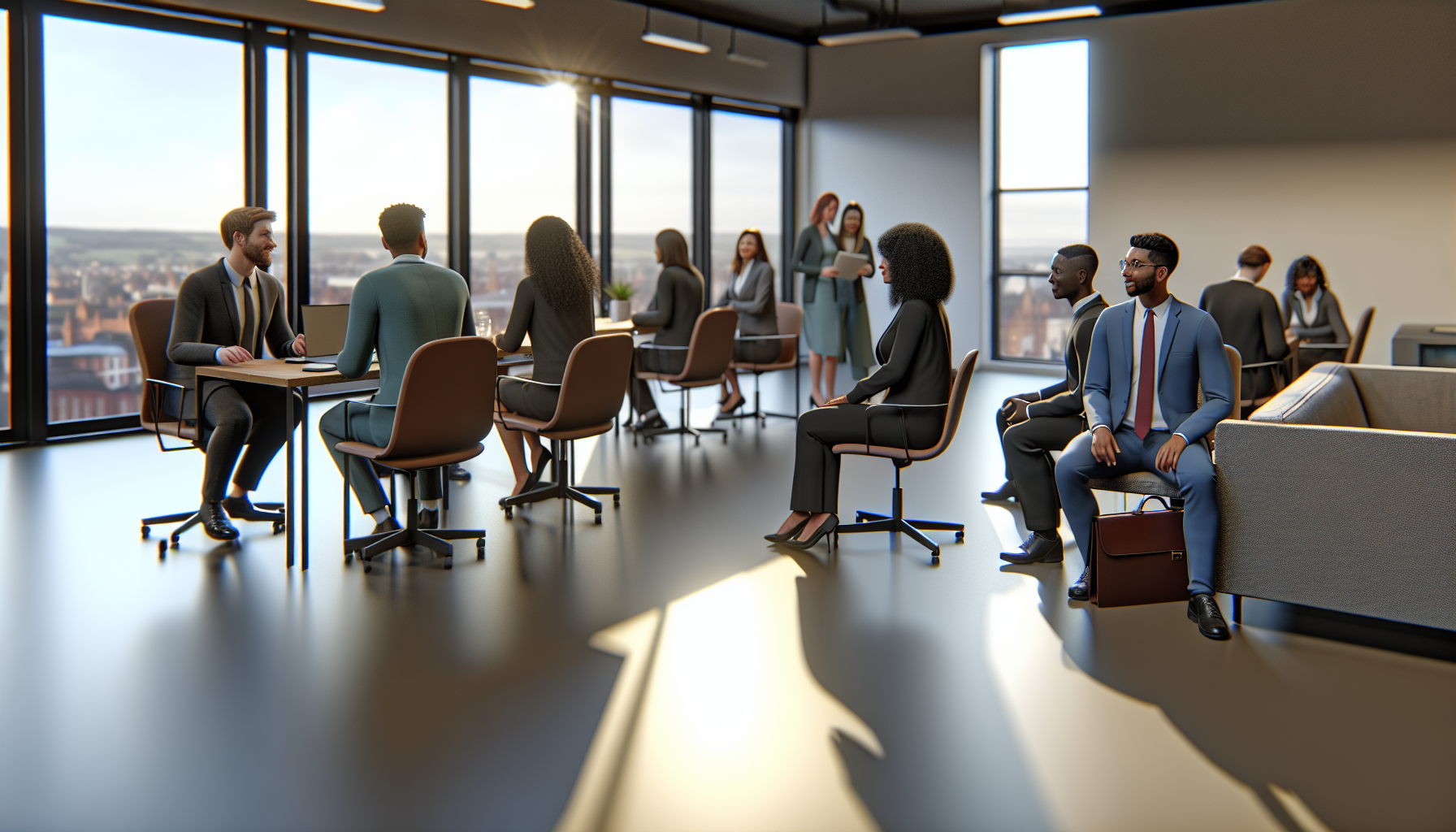 British professionals discussing email follow-ups in a modern office.