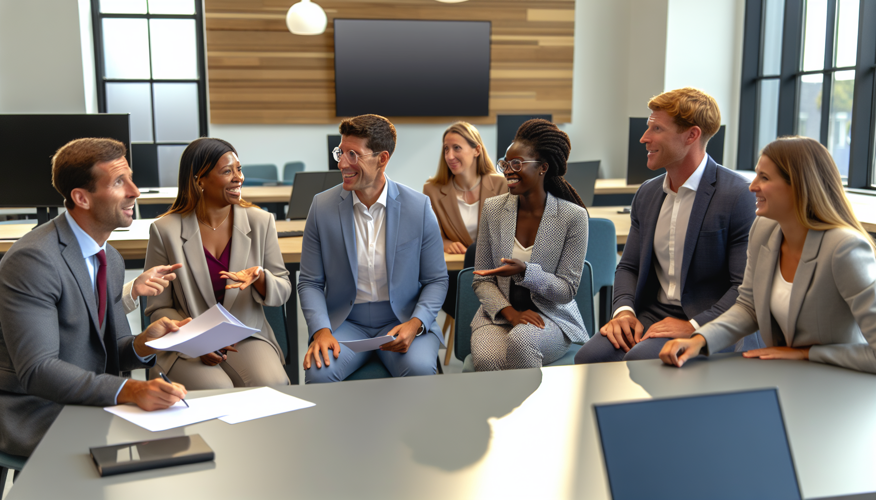 UK team meeting discussing interview follow up strategies.