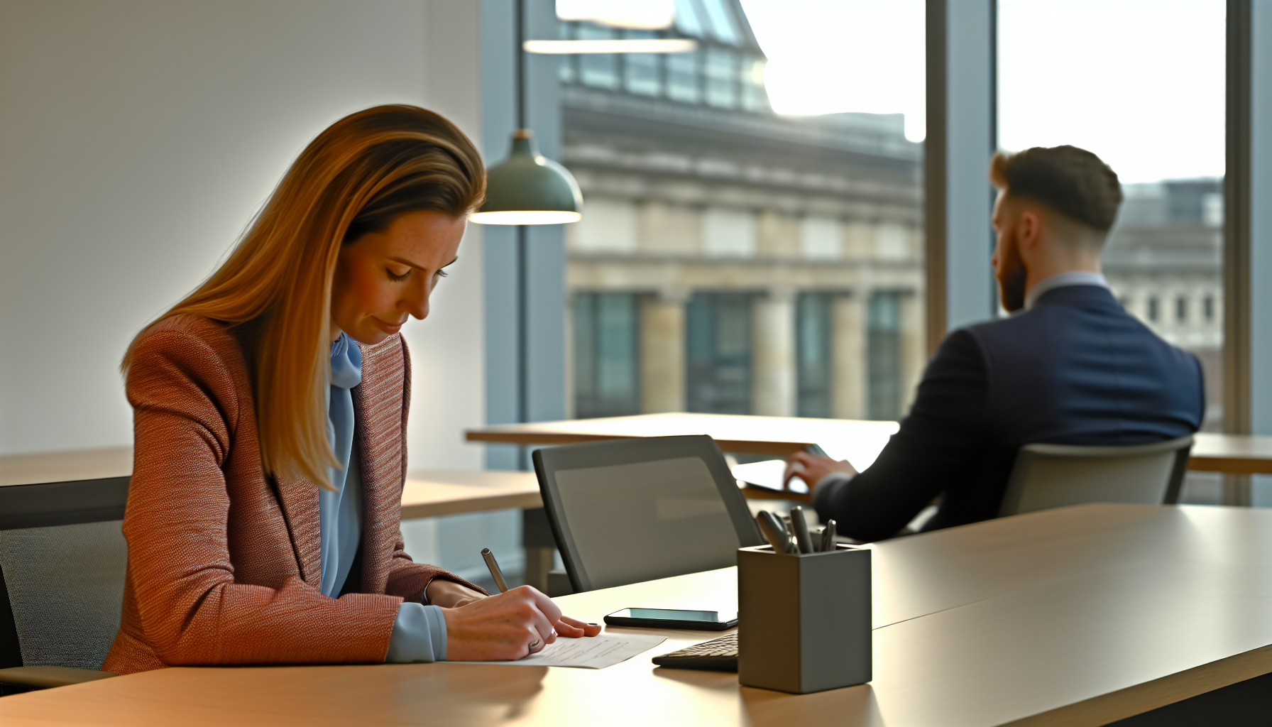 Professional drafting an interview follow up email at their desk.