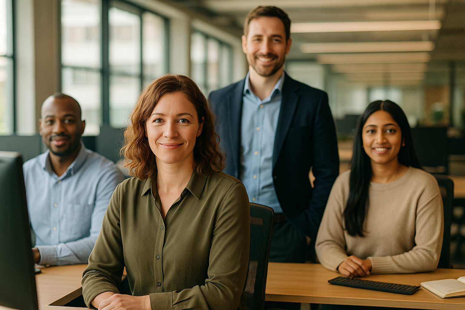 British professionals in a modern office discussing Isle of Man jobs