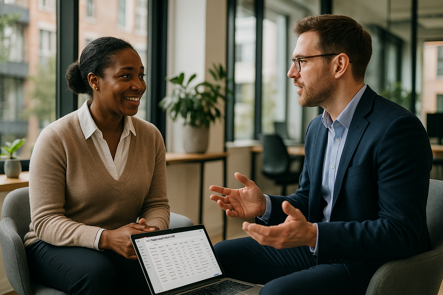Two UK professionals discussing career next steps for Isle of Man jobs