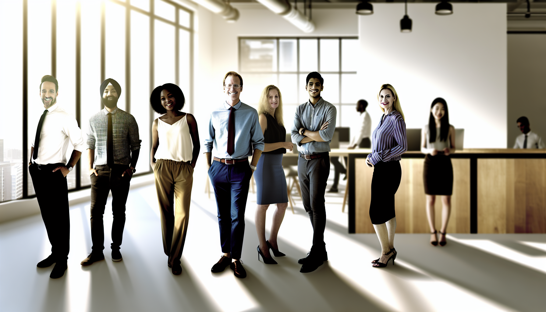 British professionals working in an open-plan office environment