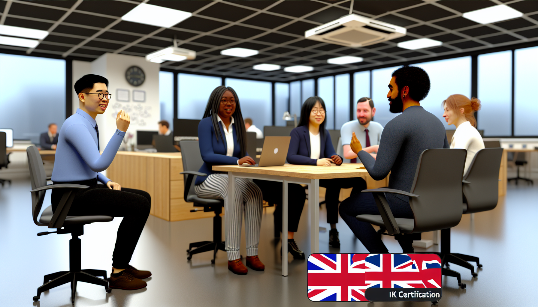 Team meeting with diverse UK professionals in a modern office
