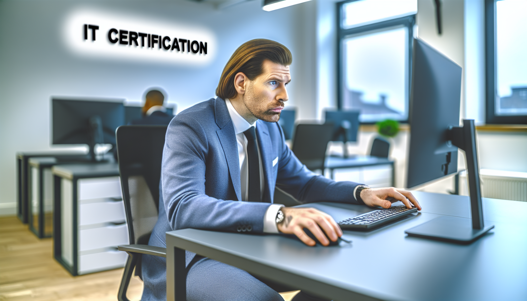 UK professional focused on work at desk in modern office
