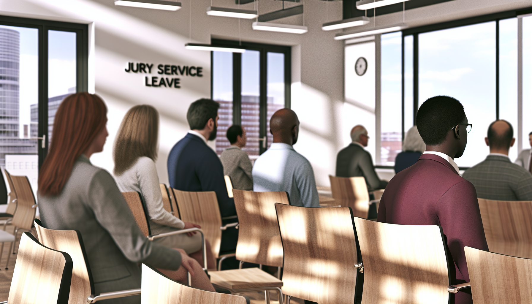 Diverse UK professionals in open-plan office discussing jury service leave
