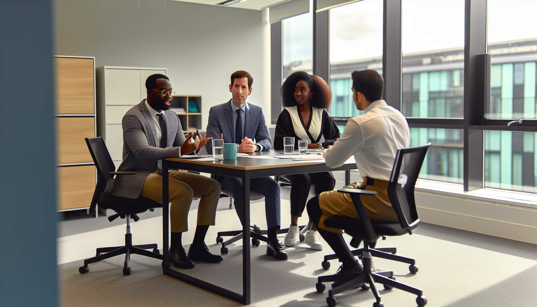 UK team meeting in an office discussing jury duty obligations