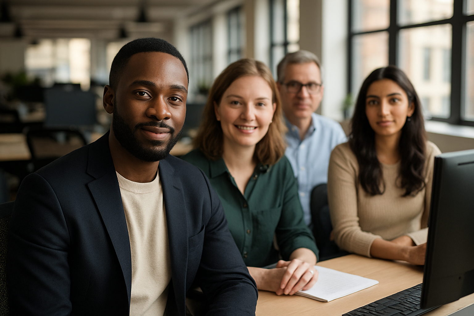 British professionals in a modern office discussing consulting graduate UK