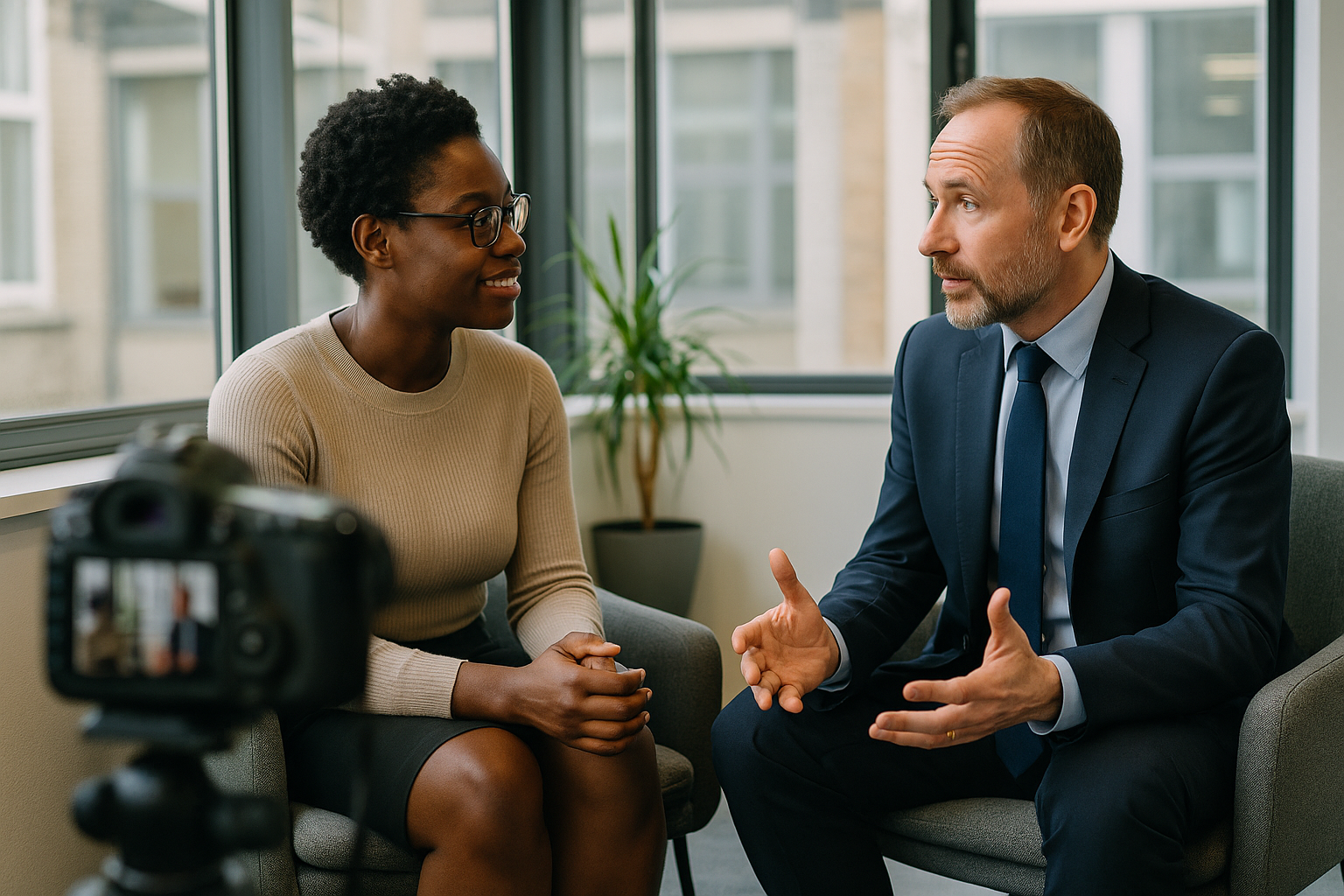 Two UK professionals discussing career next steps for consulting graduate UK