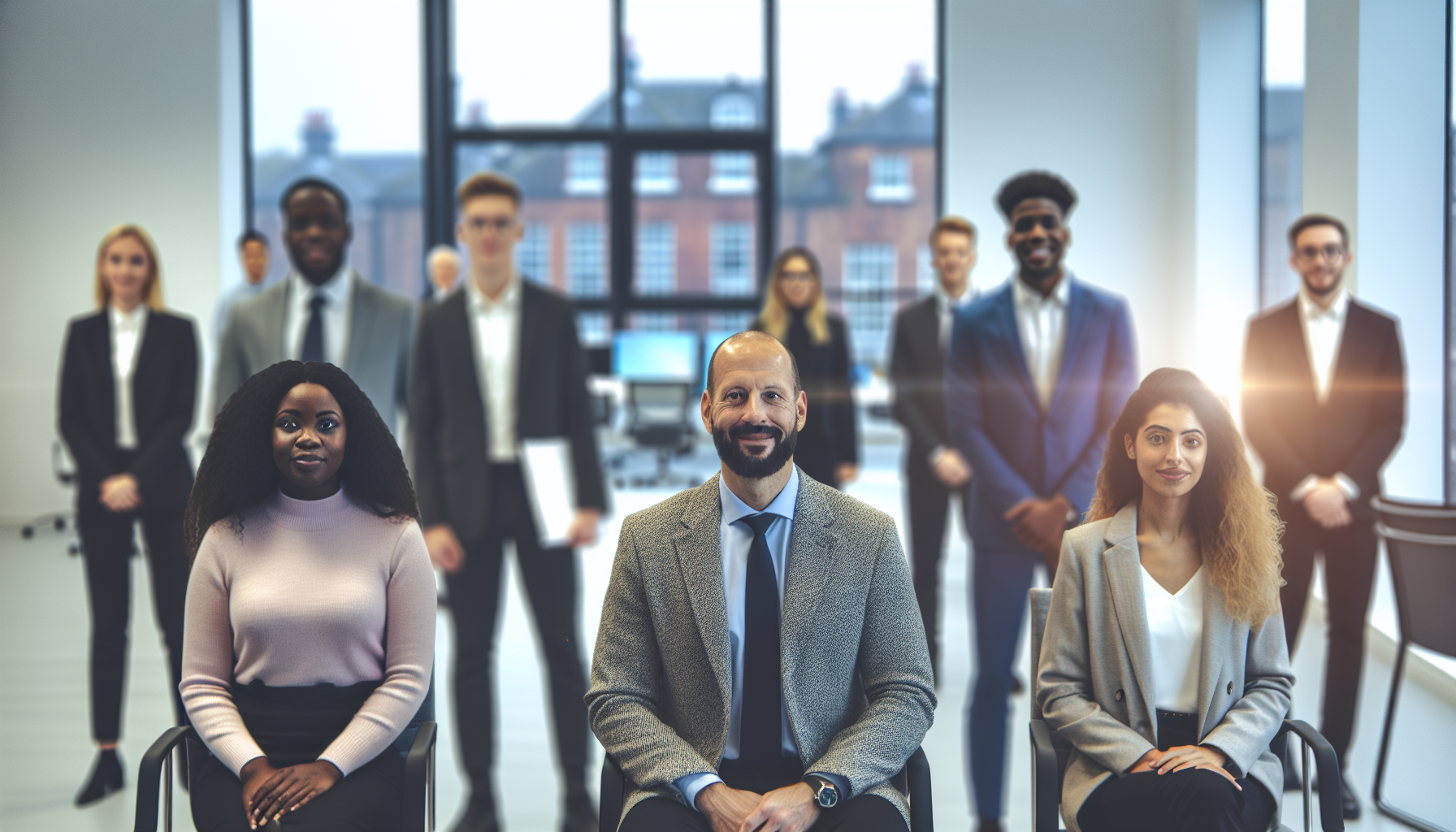 British professionals discussing legal training in an office