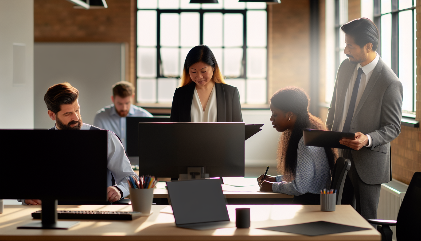 Diverse professionals in a modern UK office discussing LinkedIn strategies
