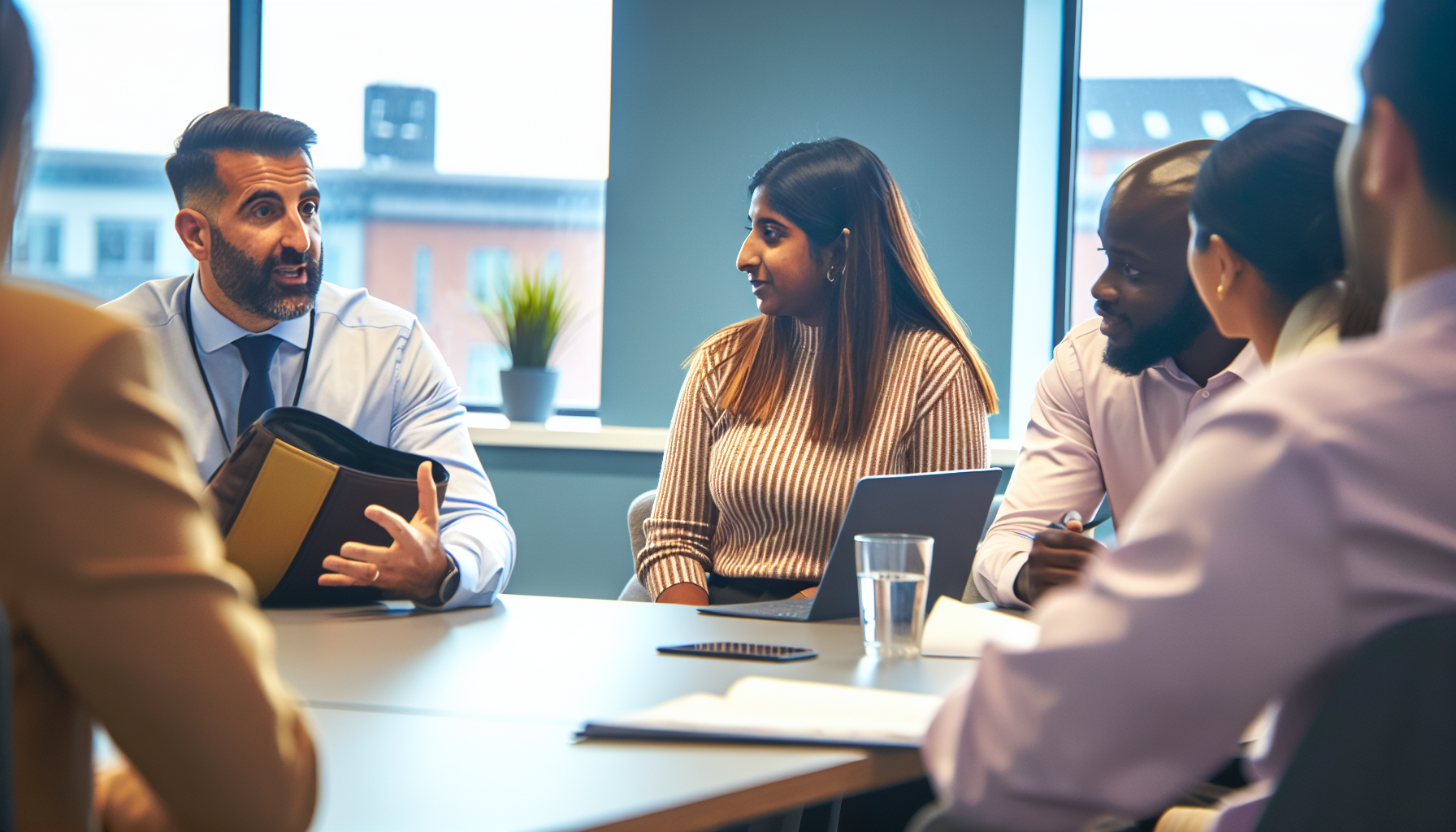 Diverse UK team in a meeting discussing LinkedIn profiles.