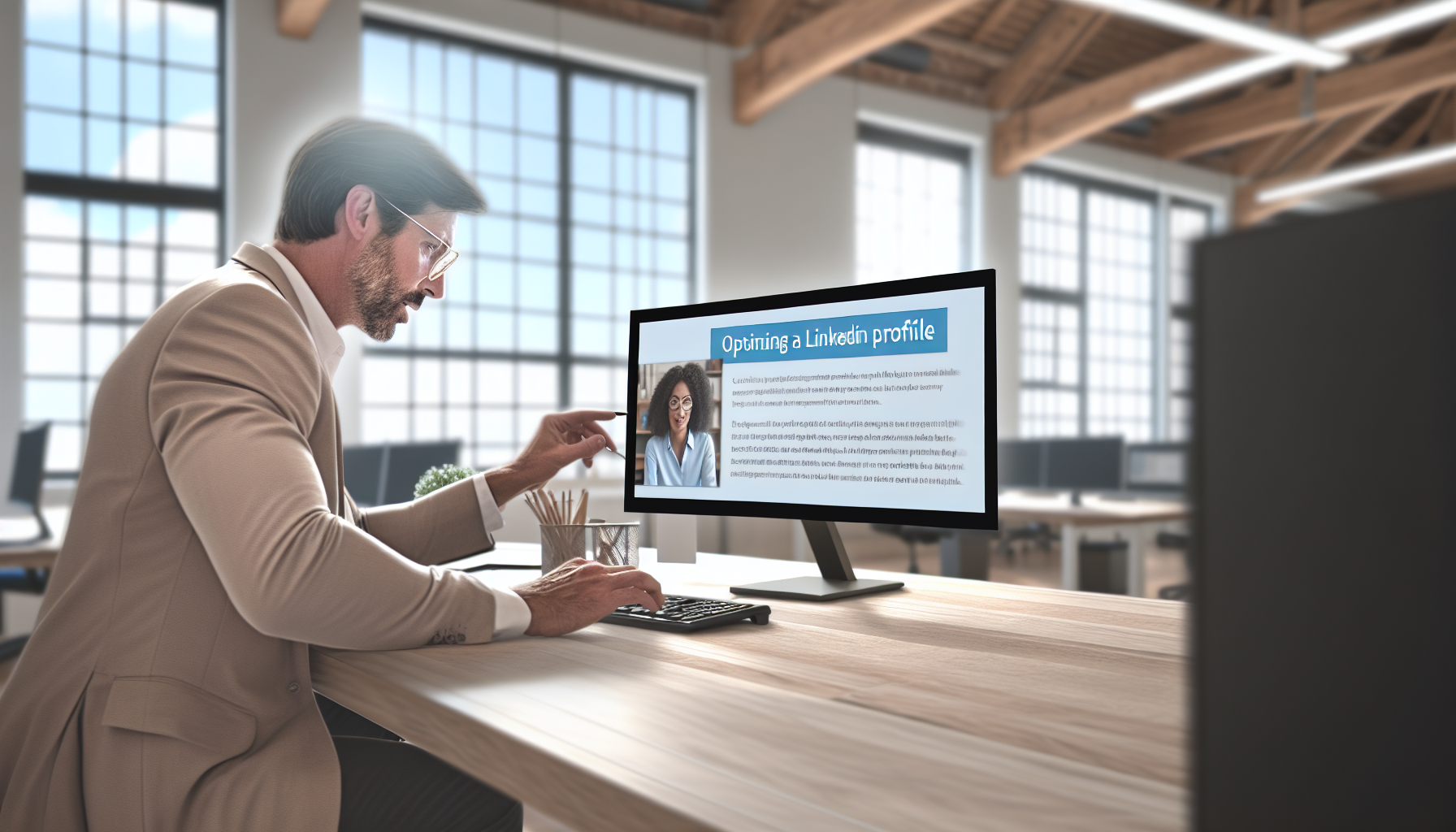 UK professional optimising LinkedIn profile at a desk.