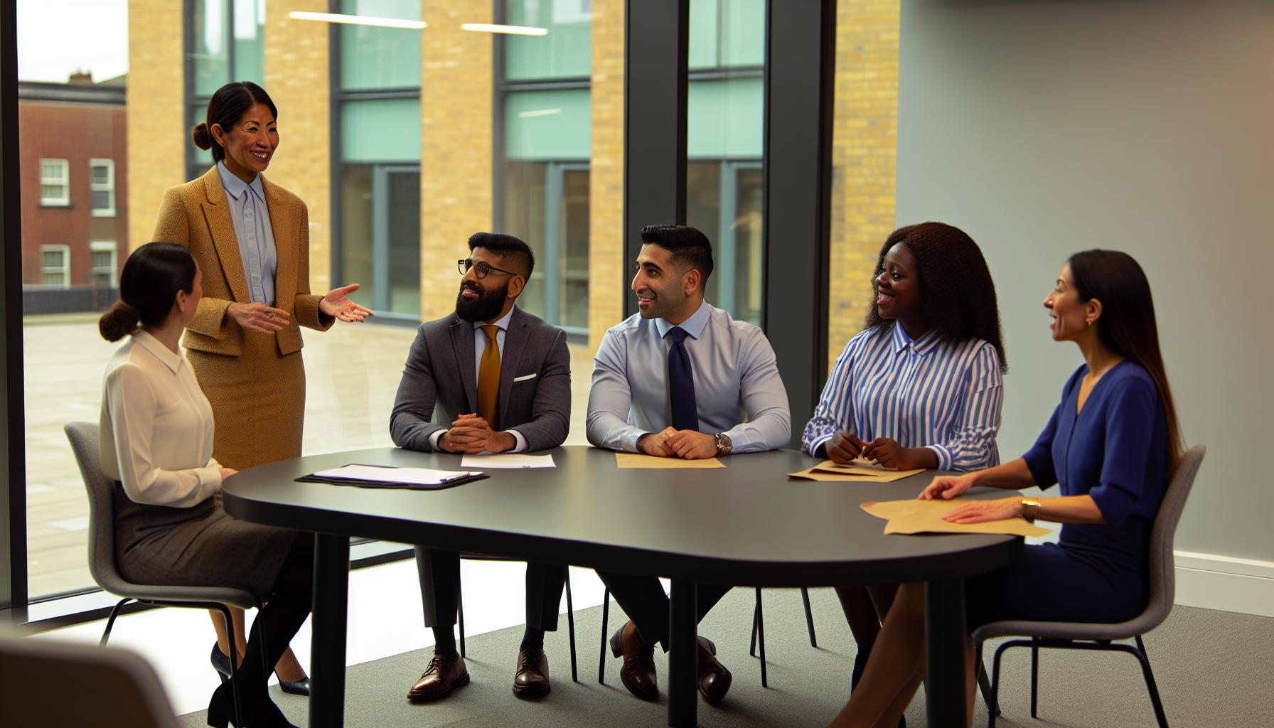 Team meeting with diverse professionals in a UK office