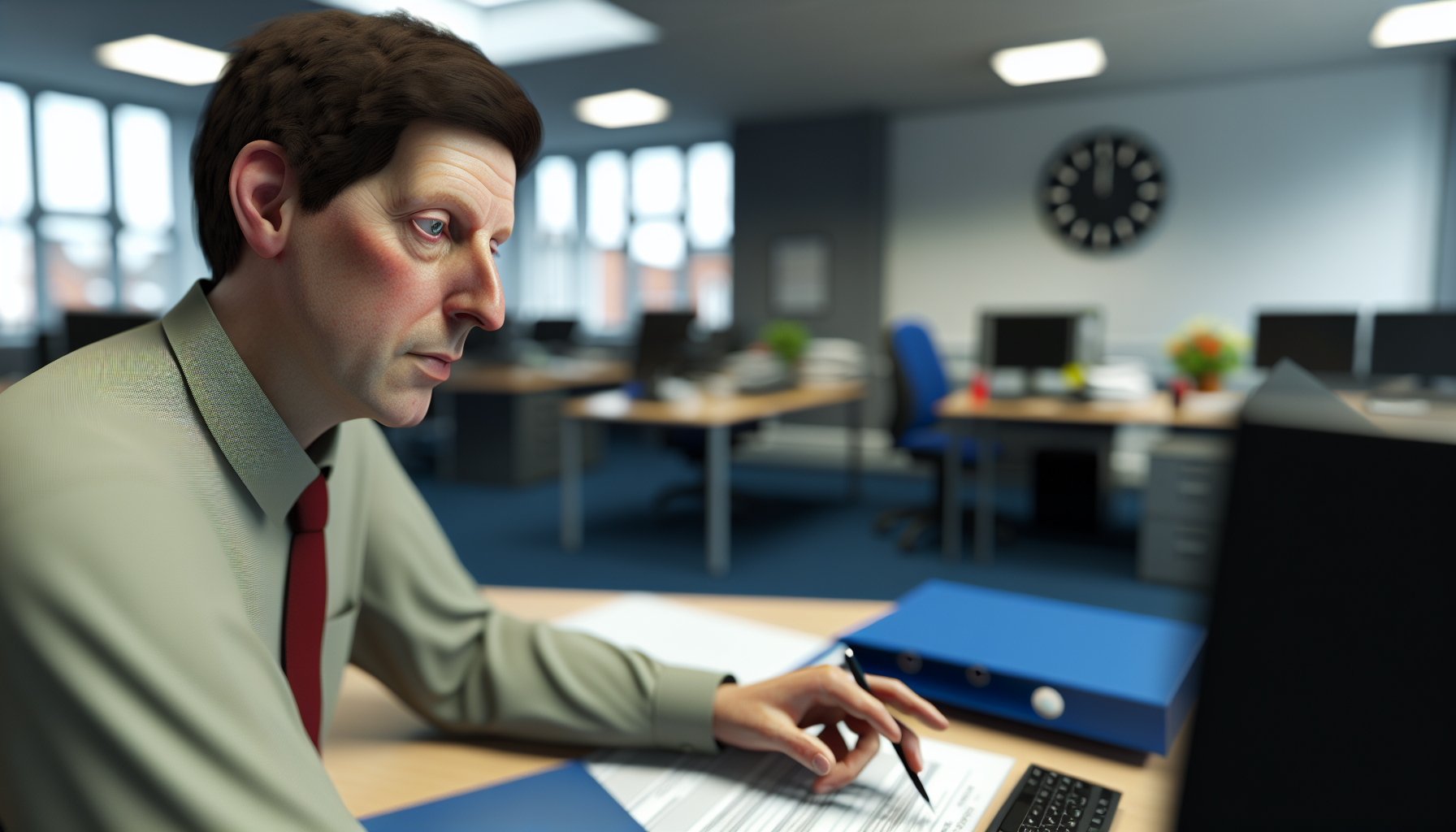Professional focused on work at a desk in a UK office