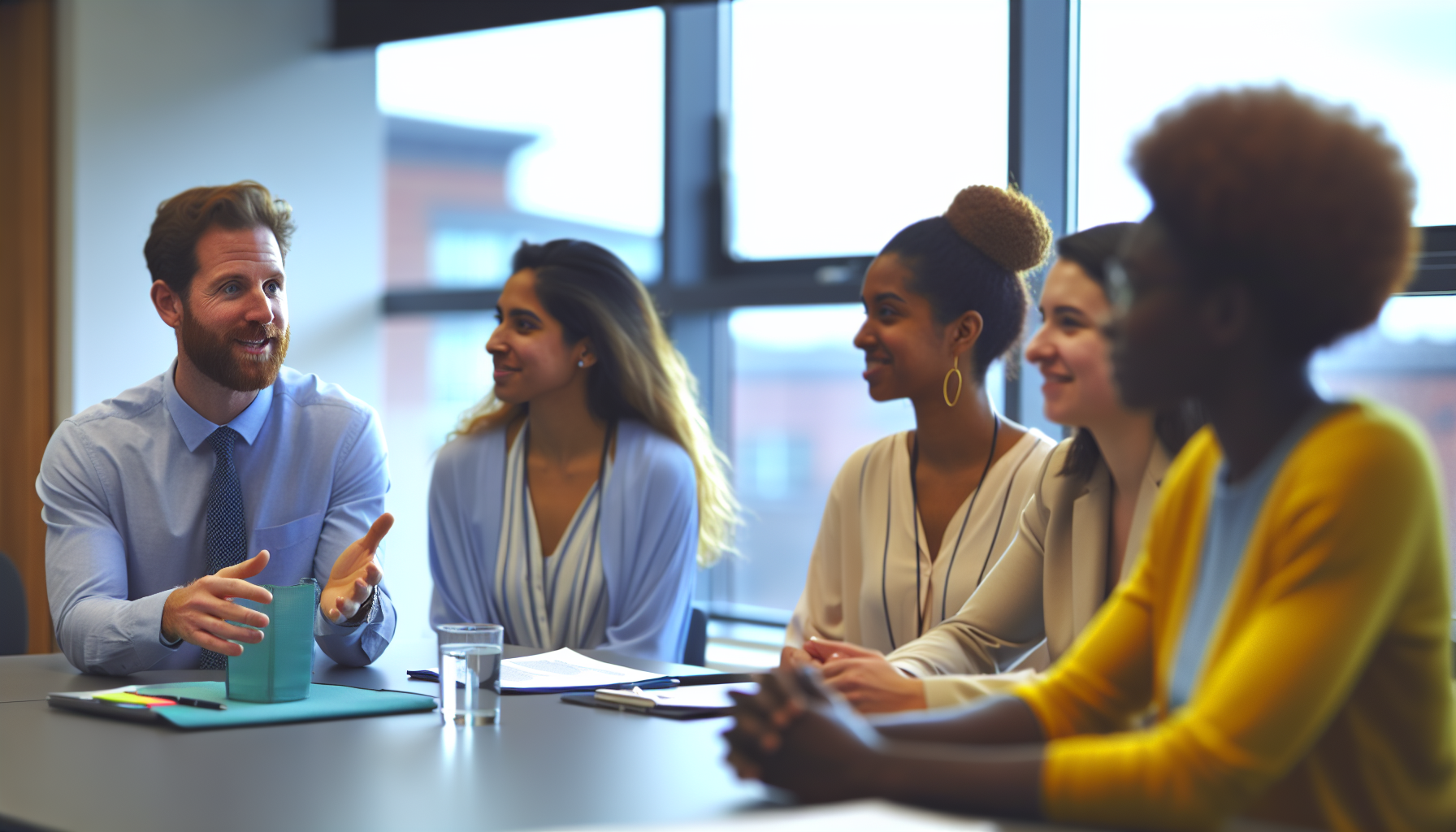 Professionals in a collaborative discussion in a modern office