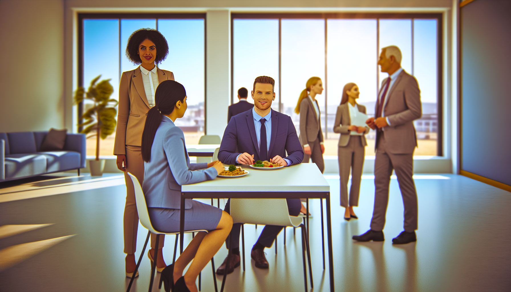 British professionals in a modern office discussing lunch interview etiquette