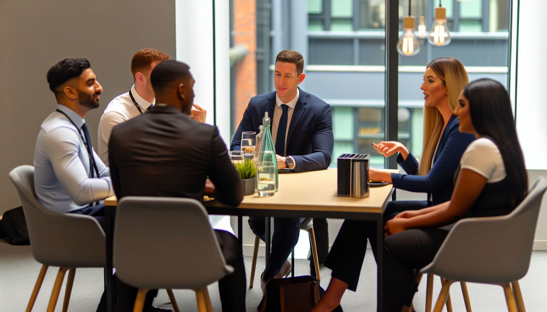 UK workplace team meeting discussing lunch interview strategies