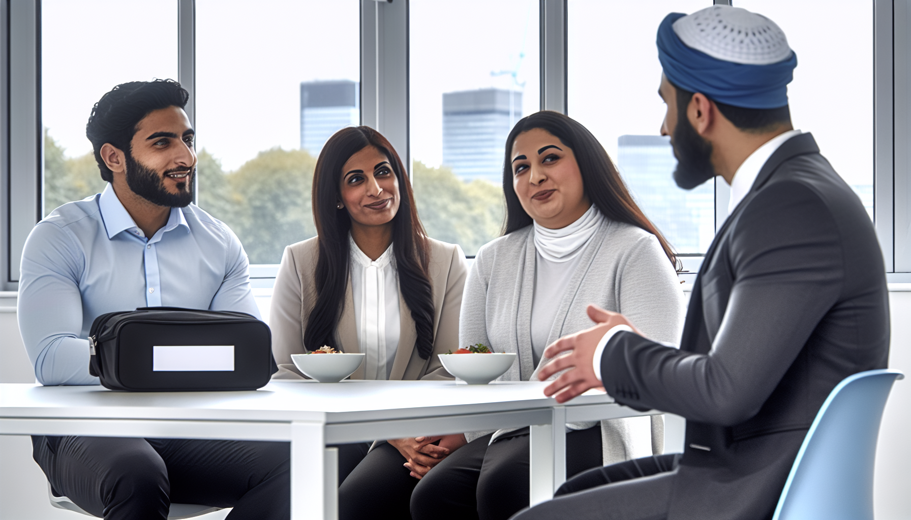 UK professionals in a collaborative meeting about interview etiquette