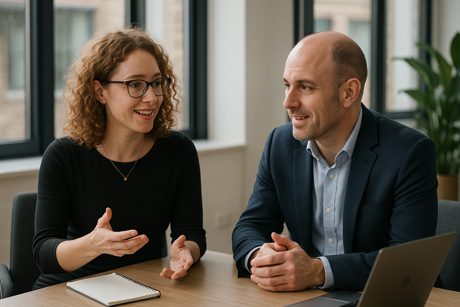 Two UK professionals discussing career next steps for detail orientation UK