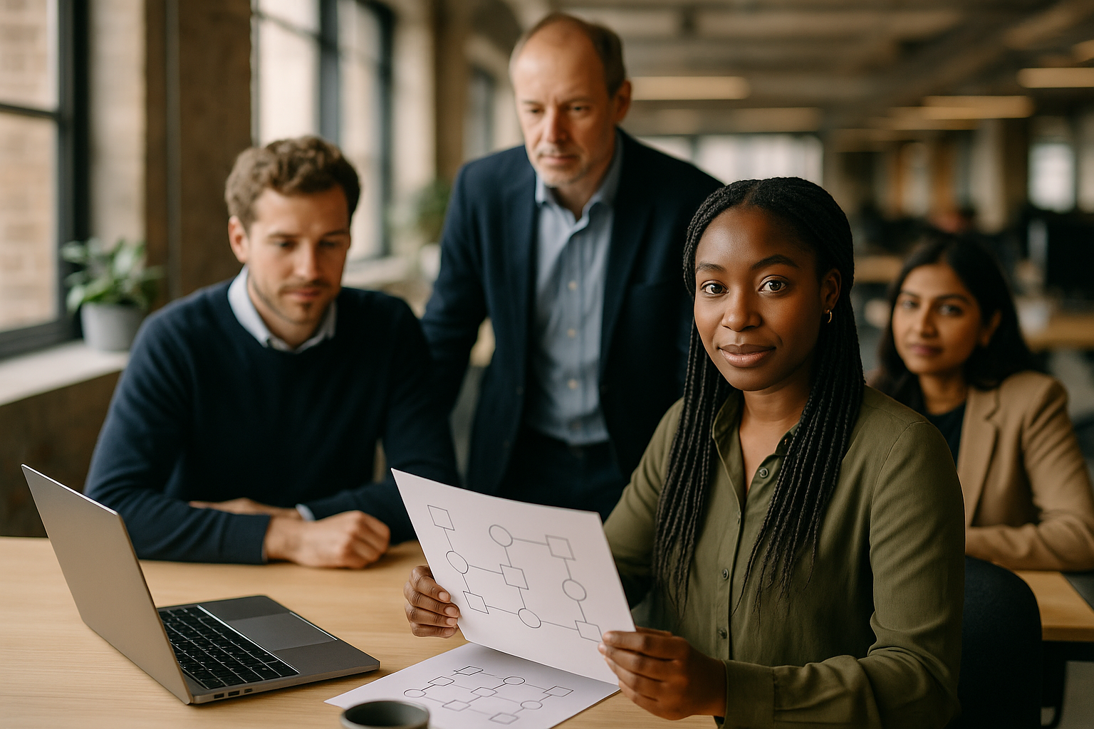 British professionals in a modern office discussing diagrammatic reasoning UK