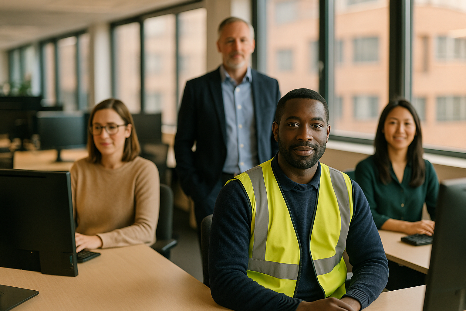 British professionals in a modern office discussing driver CPC