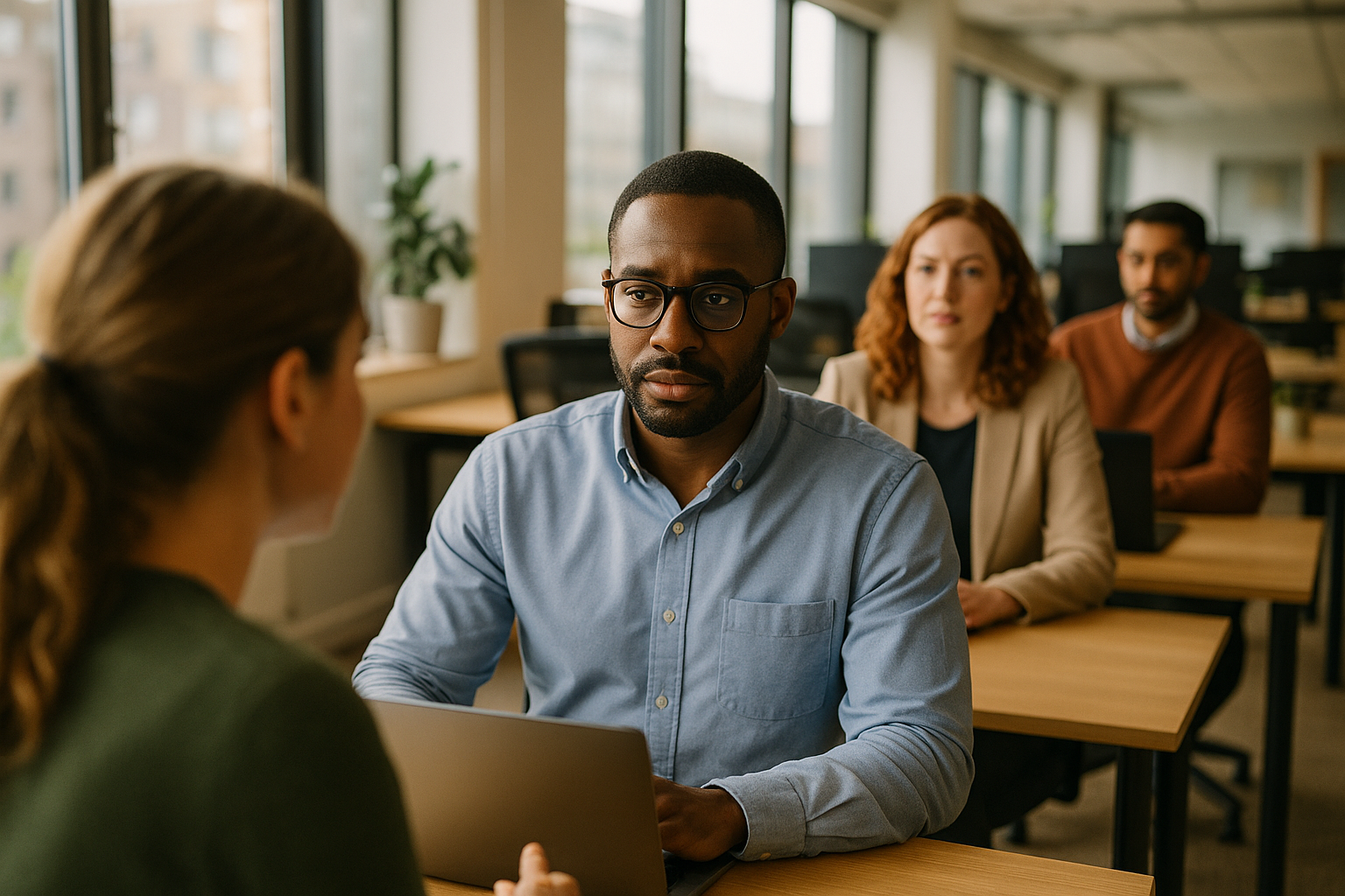 British professionals in a modern office discussing remote performance management