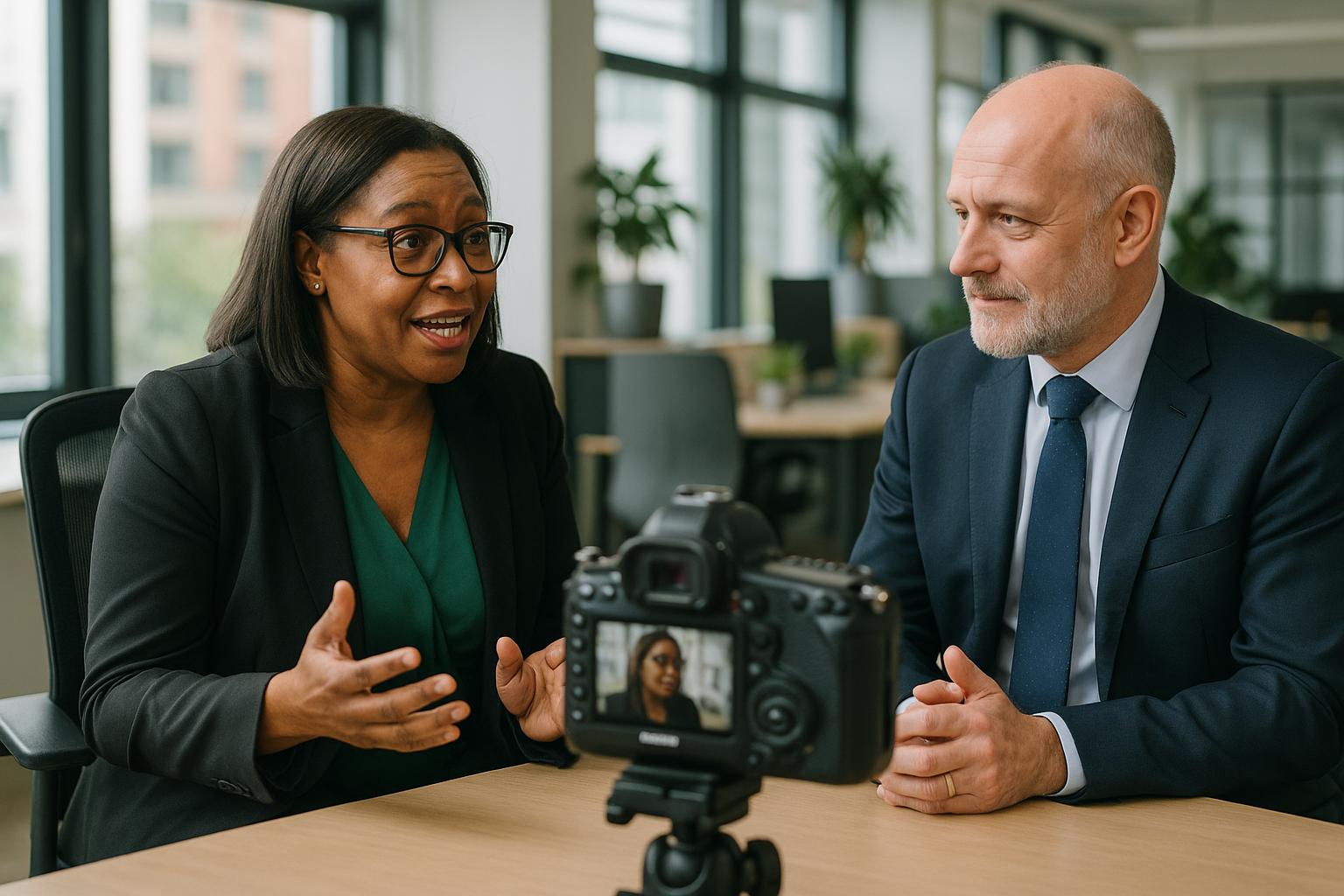 Two UK professionals discussing career next steps for remote performance management