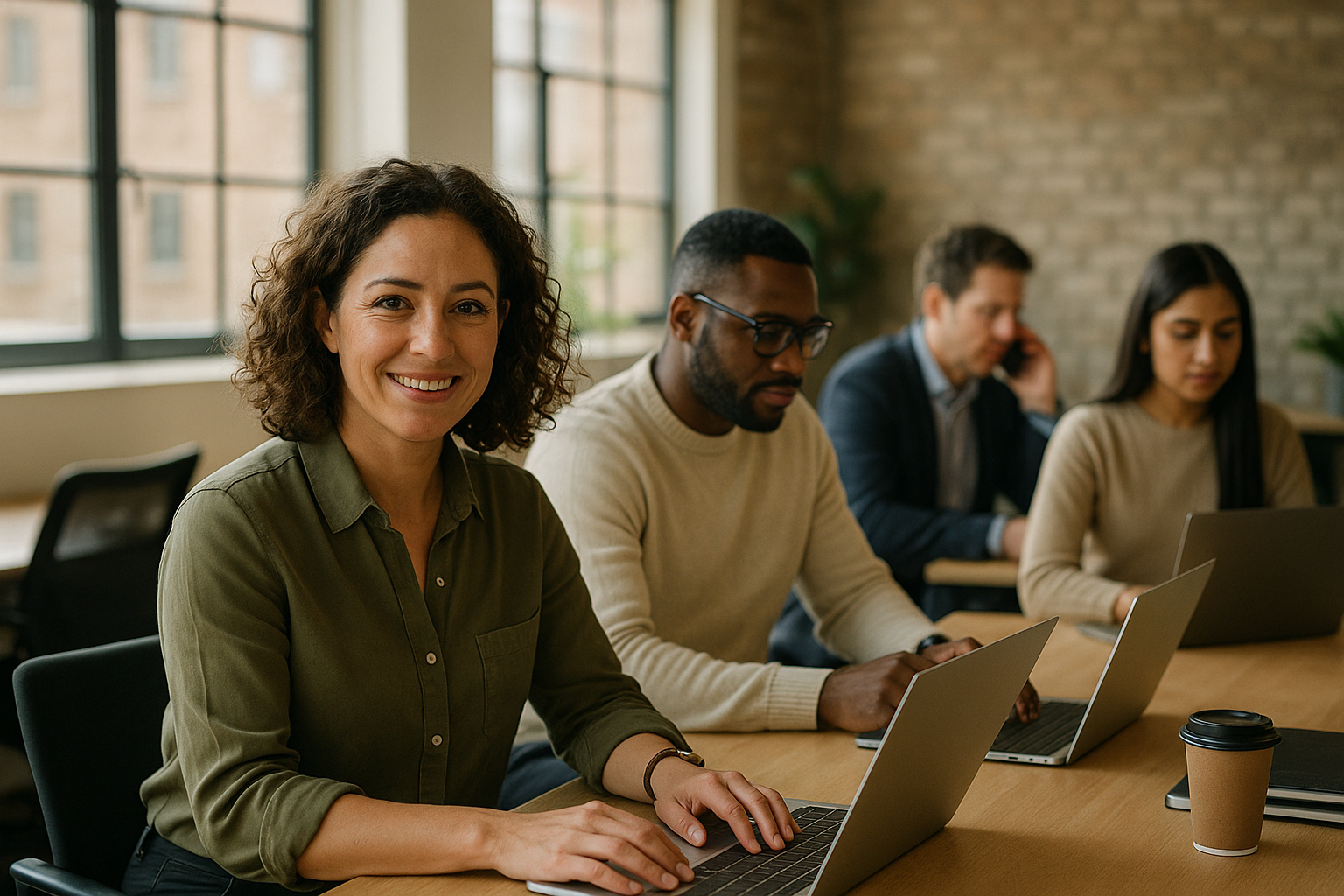 British professionals in a modern office discussing third space working UK