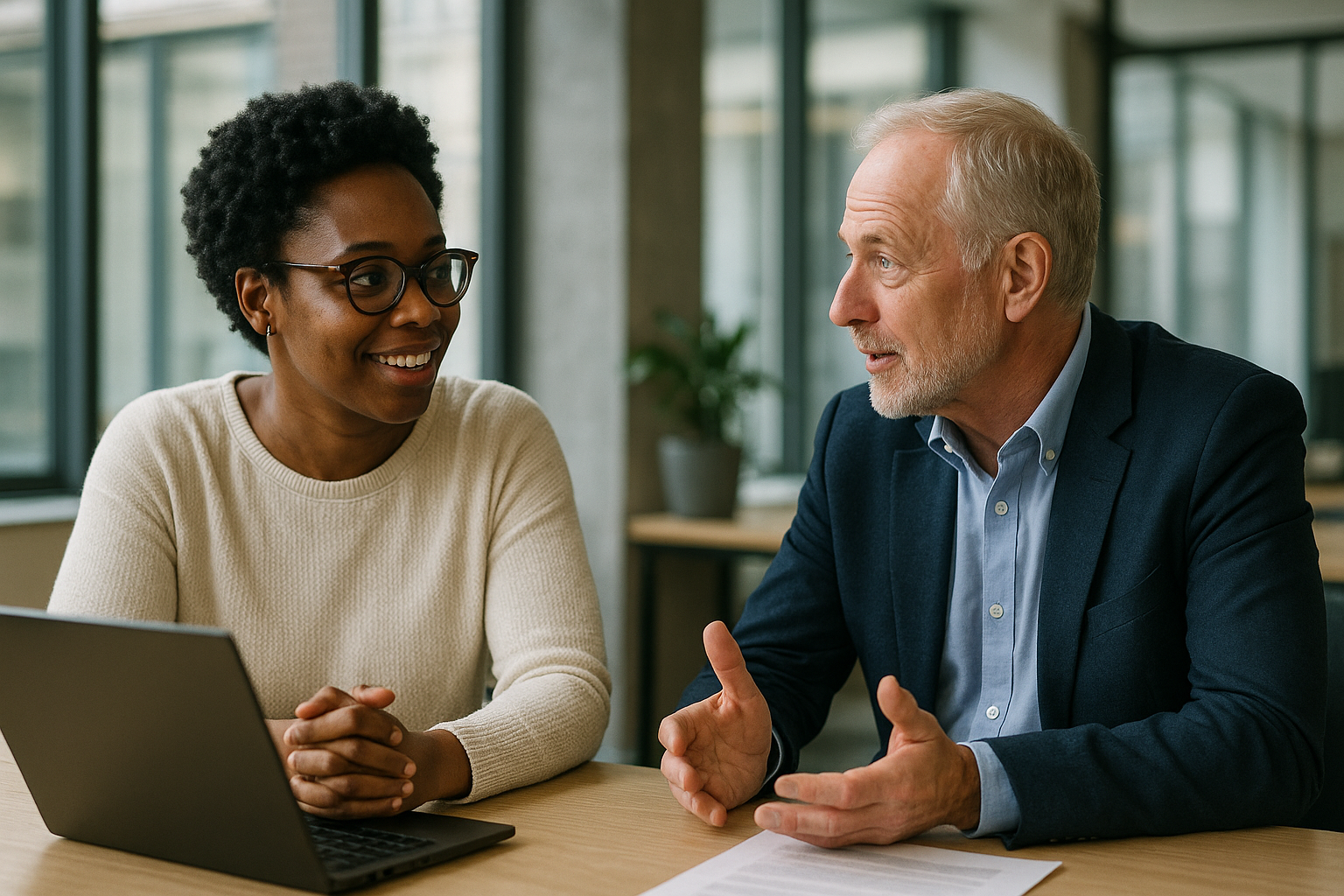 Two UK professionals discussing career next steps for third space working UK